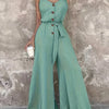 Women's Elegant Olive Green V-Neck Button-Front Jumpsuit with Adjustable Waist Tie & Wide-Leg Design - Loose Fit Casual to Dressy All-Season Machine Washable Romper NS702