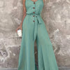 Women's Elegant Olive Green V-Neck Button-Front Jumpsuit with Adjustable Waist Tie & Wide-Leg Design - Loose Fit Casual to Dressy All-Season Machine Washable Romper NS702