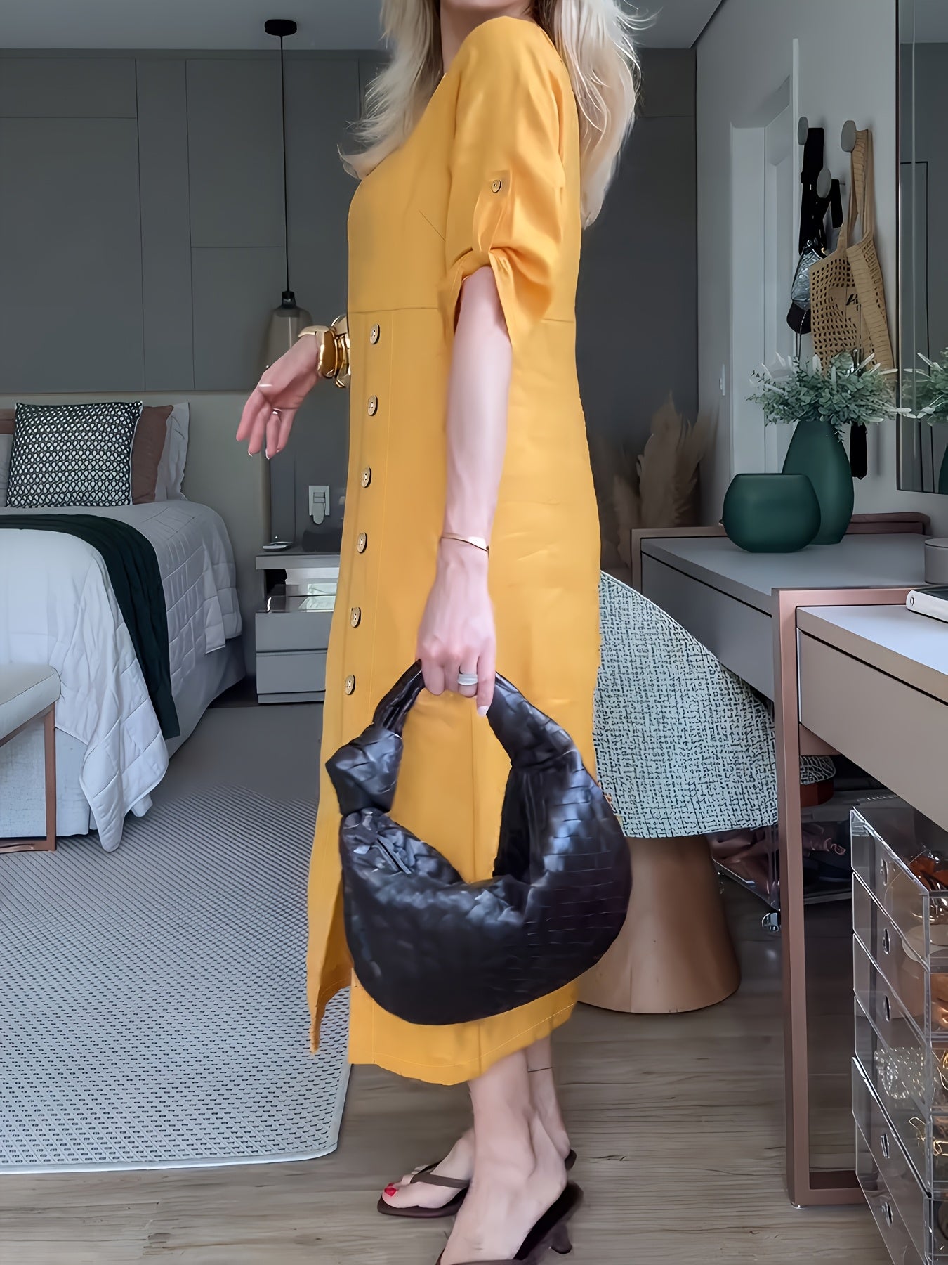 Elegant Mustard Yellow Women's Maxi Dress with Front Button Detail - Cinched Waist, Half Sleeve, Round Neck - Spring/Summer Fashion for Adults