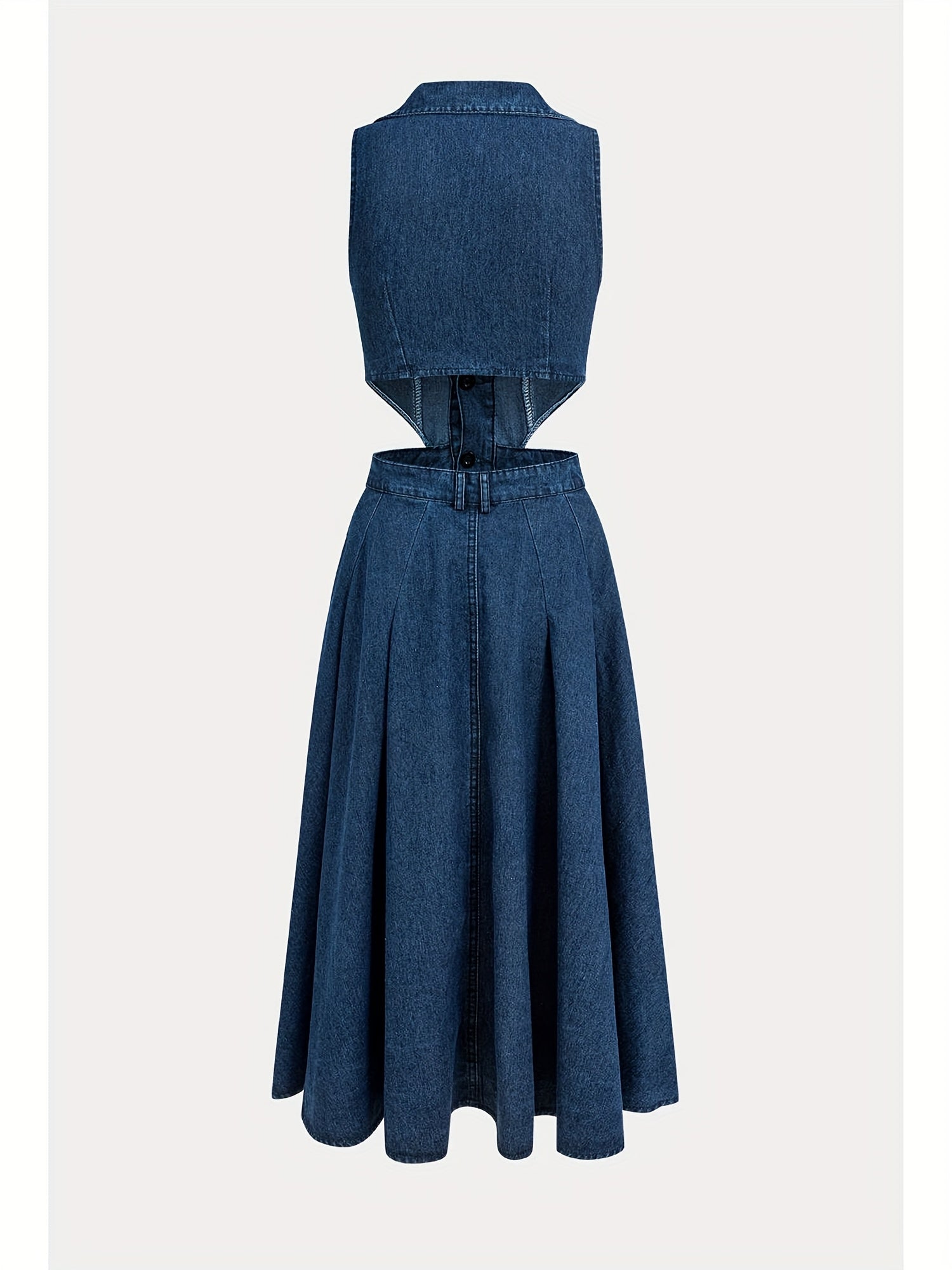 Women's Sleeveless Denim Dress with Open Waist Cut-Out & Split Hem - Golden-Tone Metal Buttons, Square Neck Casual Summer Dress, Machine Washable Mid-Length Skirt for Daily Outings & Gatherings, Evening Event Attire, Decorati