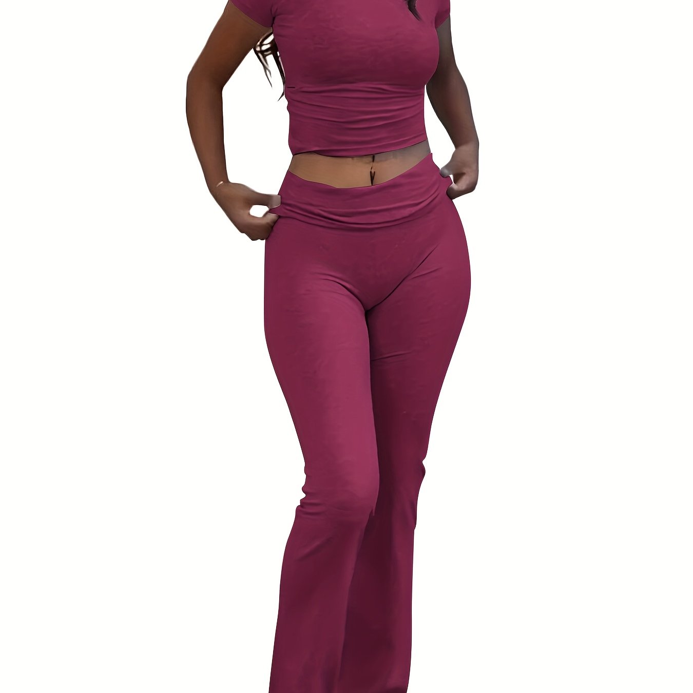 Women's Casual Slim Fit Two-Piece Pants Set – Short Sleeve Crew Neck T-Shirt & High Stretch Flared Leg Sport Pants Outfit