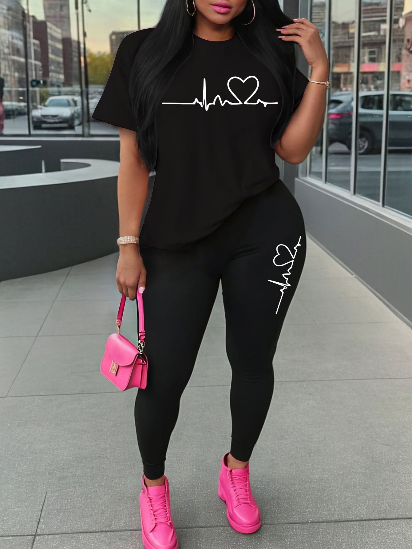 Women'S Love Heart Print Two-Piece Set, Casual Crew Neck Short Sleeve T-Shirt and Knit Polyester Leggings, All-Season Comfort, 96% Polyester 4% Spandex, 180gsm - Red
