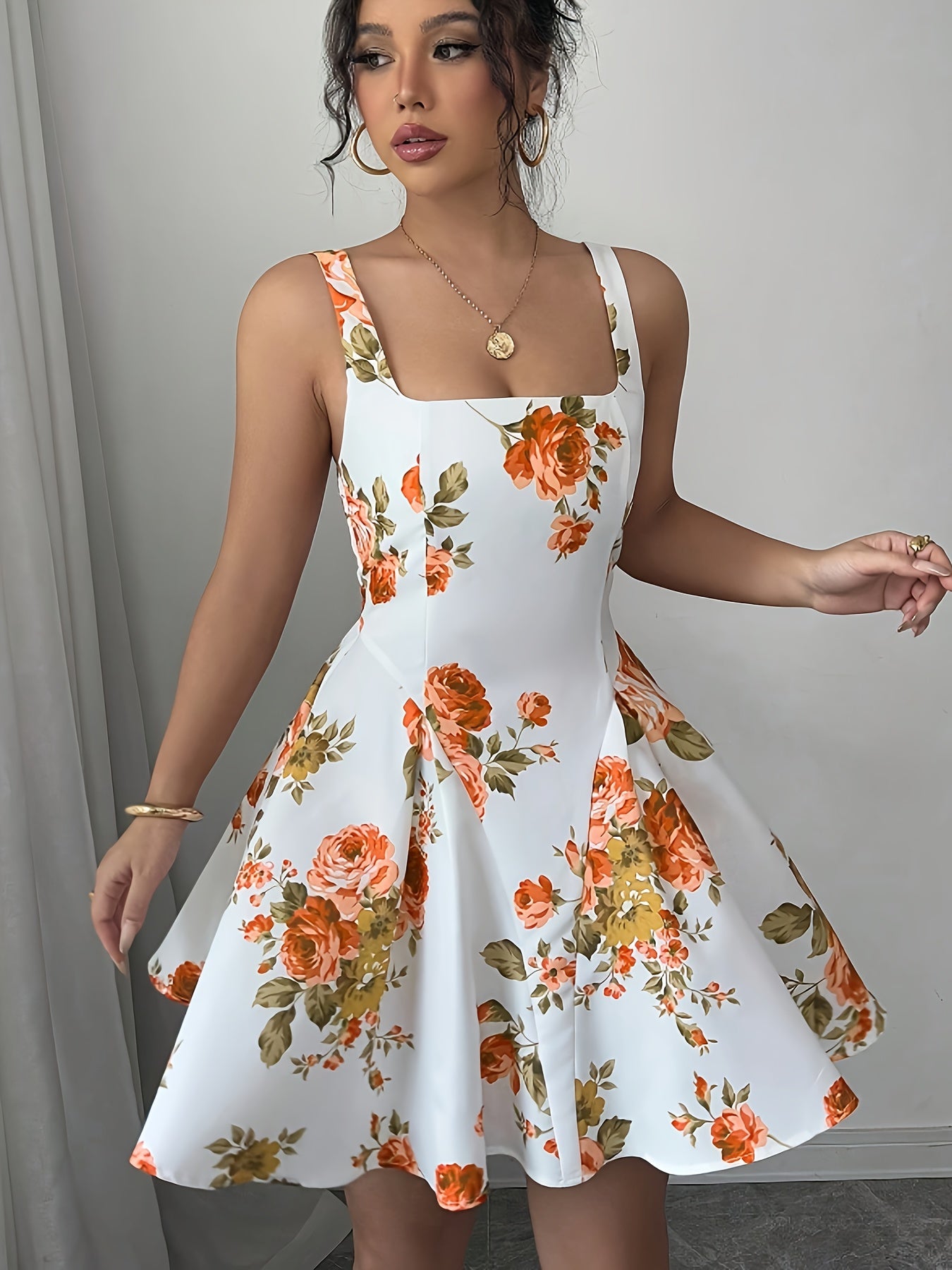 Elegant Floral Print Sleeveless A-Line Dress for Women - Lightweight Polyester Summer Dress with Square Neckline, Machine Washable, Perfect for Spring and Summer Outings, Spring Summer Dress | Summer Elegance Wear | Glossy Te
