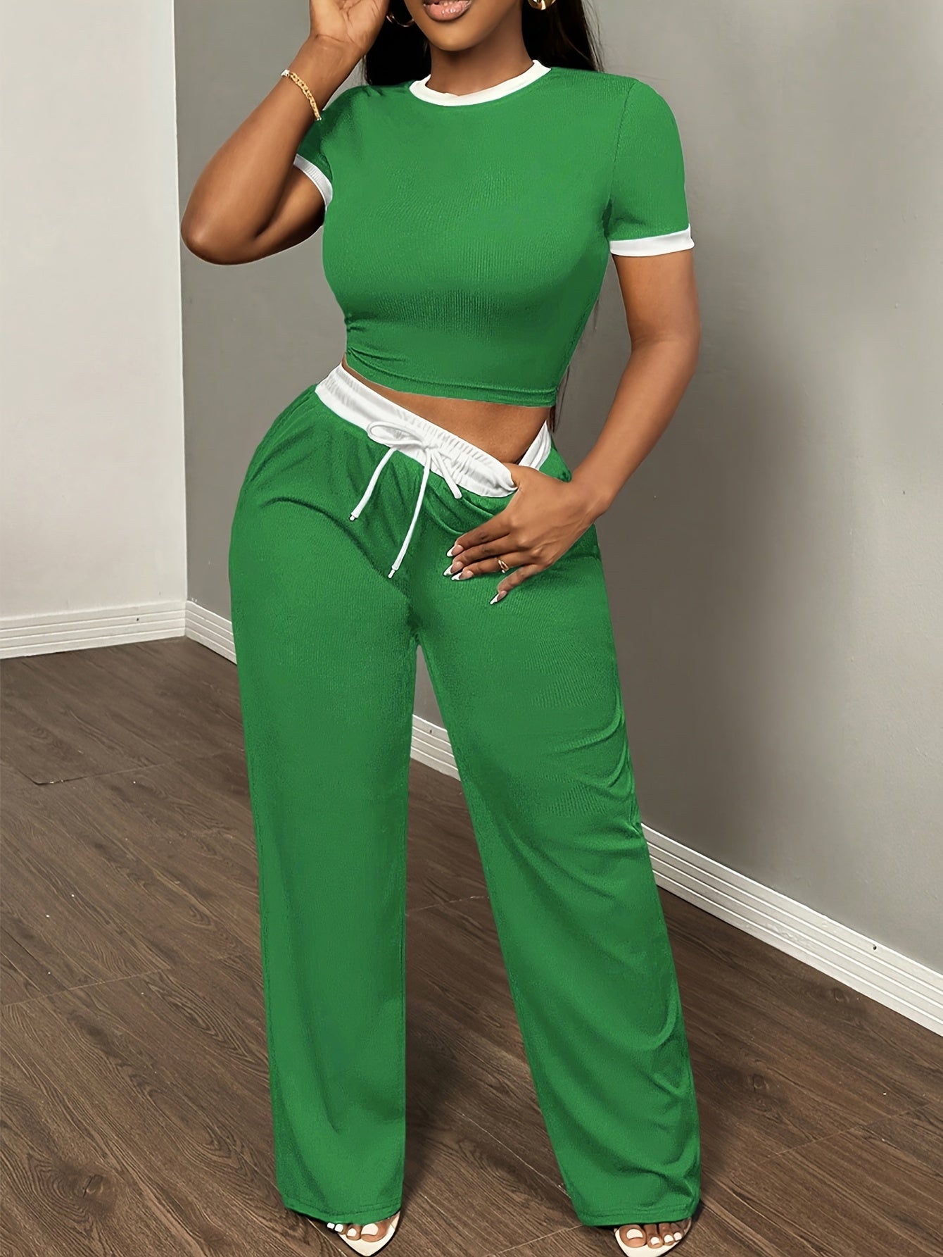 Round Neck Contrast Color Fashion Commuting Wearable Short Sleeve Wide Leg Pants 2pcs Women's Pajama Set