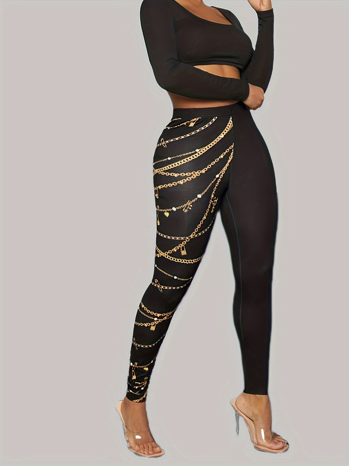 Stylish Black Leggings with Golden Chain Print - High-Waist, Stretchy & Comfortable, Polyester/Elastane Blend, Machine Washable - Versatile All-Season Wear for Women