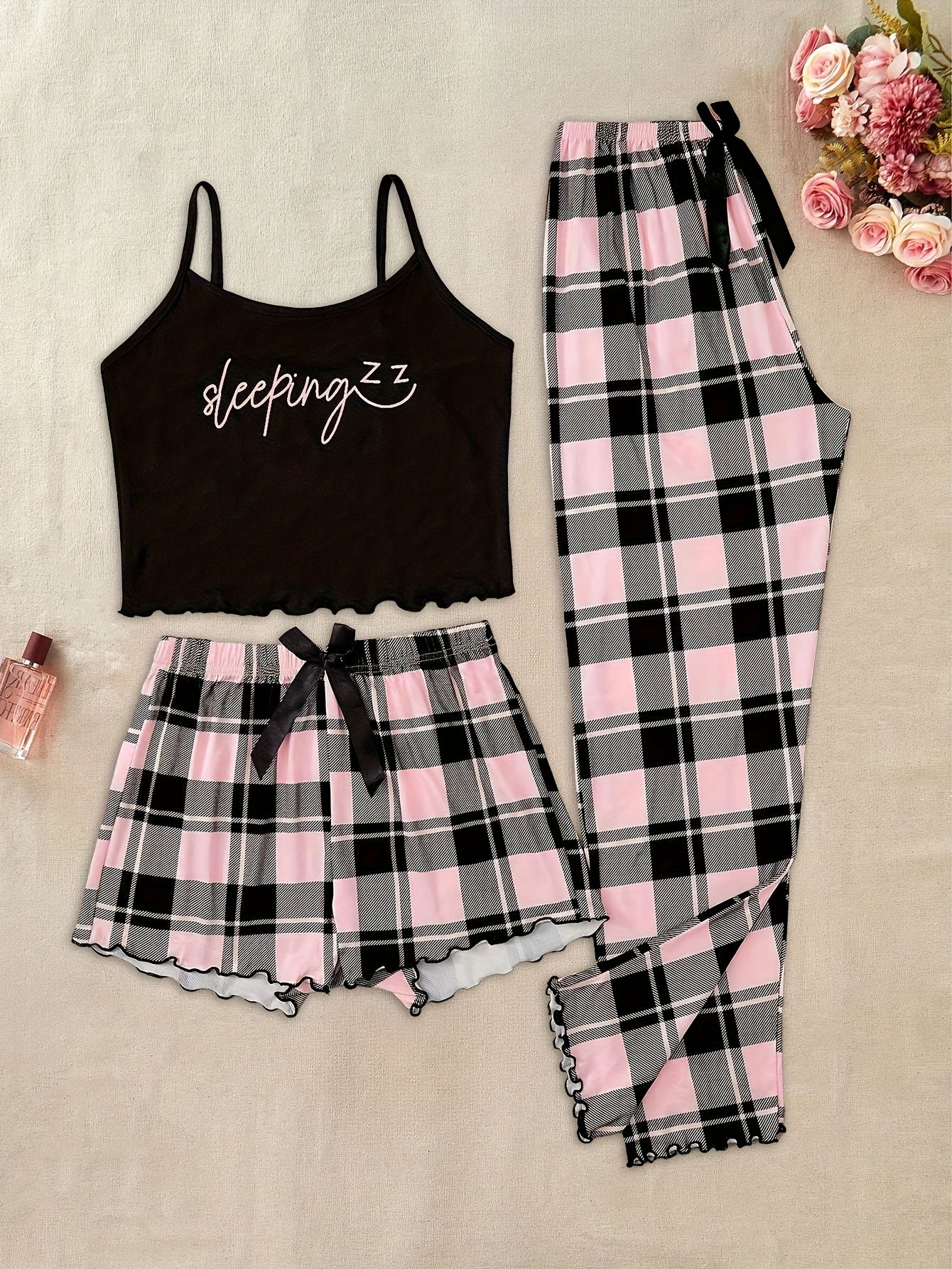 3pcs Women'S Pajama Set - Mature Gingham Pattern, Spaghetti Strap Sleeveless Top, Long Length Pants, Knit Fabric, Polyester & Elastane Blend, Comfortable All-Season Sleepwear