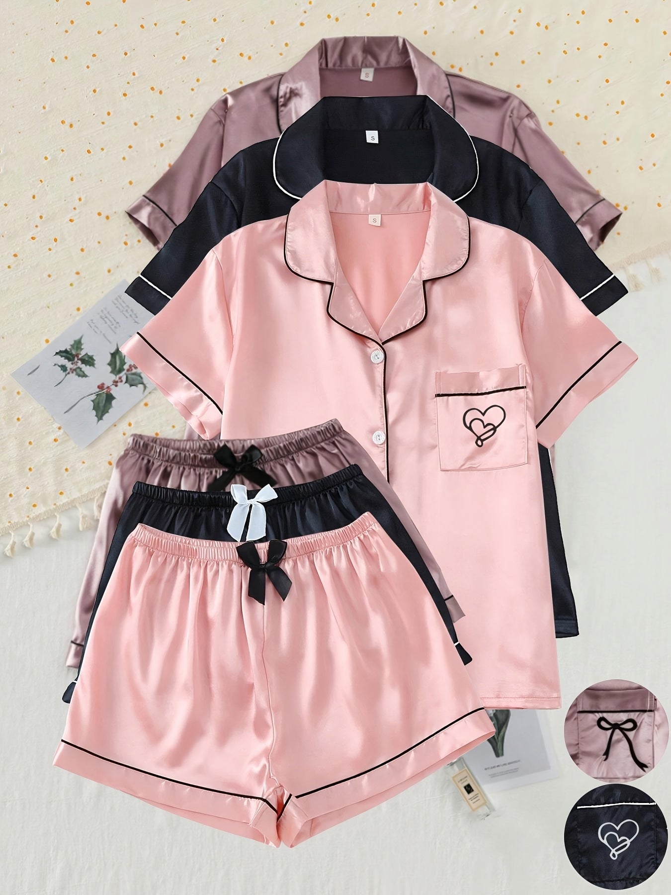 6pcs Colorful Satin Women'S Pajama Set, Short Sleeve Embroidered Lapel Top and Bowknot Shorts, Women'S Pajamas and Home Clothes