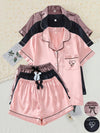 6pcs Colorful Satin Women'S Pajama Set, Short Sleeve Embroidered Lapel Top and Bowknot Shorts, Women'S Pajamas and Home Clothes