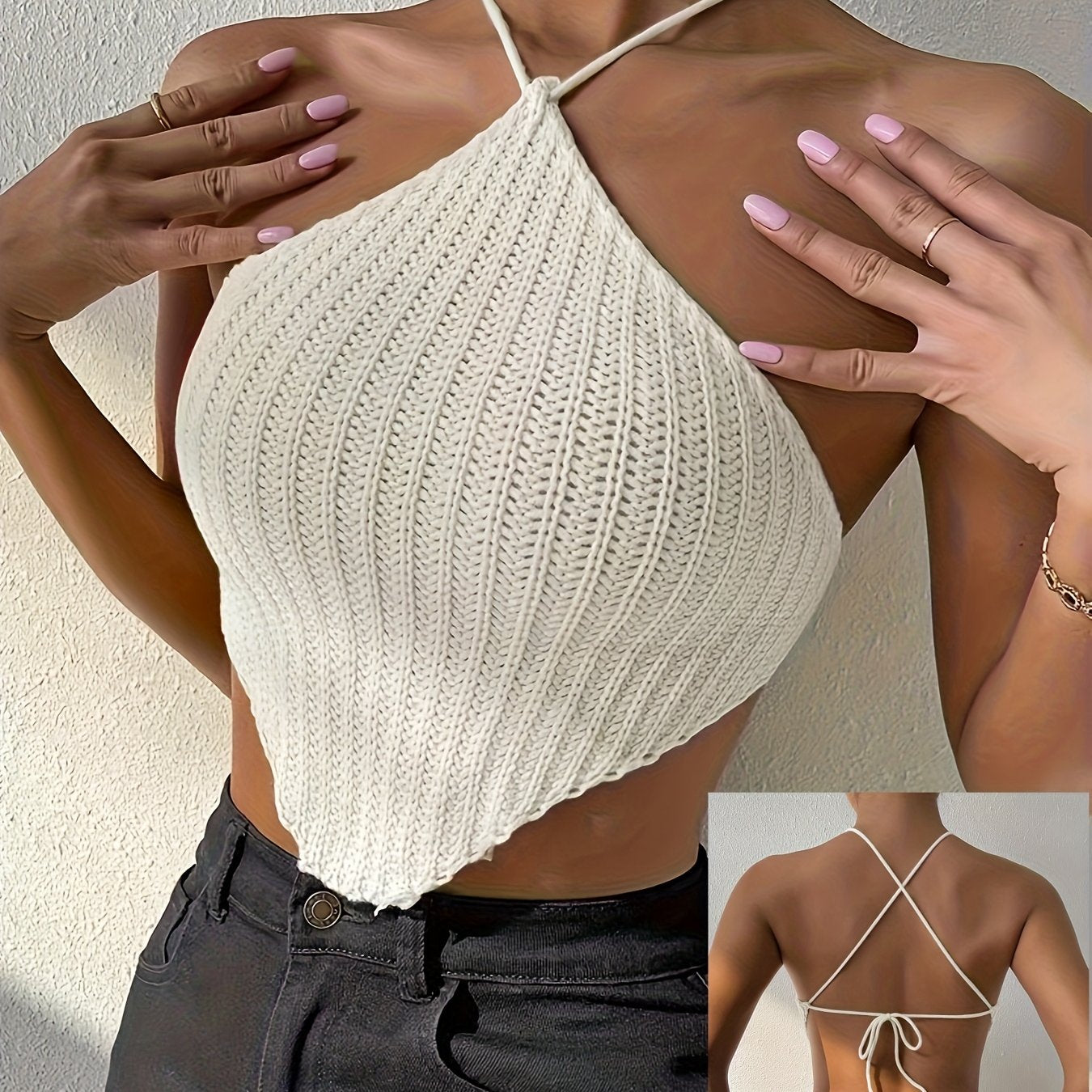 Solid Halter Neck Knit Top, Elegant Backless Hanky Hem Top For Spring & Summer - Women's Clothing - Soft & Breathable Knit Fabric - Perfect for Casual & Party Occasions - Ideal Gift for Women