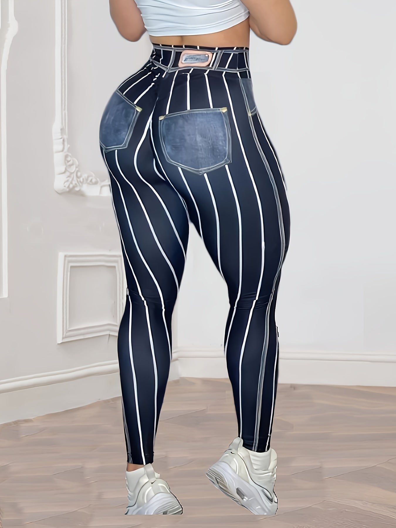 High-Waist Denim-Look Yoga Pants for Women - Sexy Fitness Leggings with Trendy Striped Design, Red & White Vertical Stripes, Stretchy Polyester Blend, Machine Washable, Perfect for Yoga, Running, and Gym Workouts, Athletic We