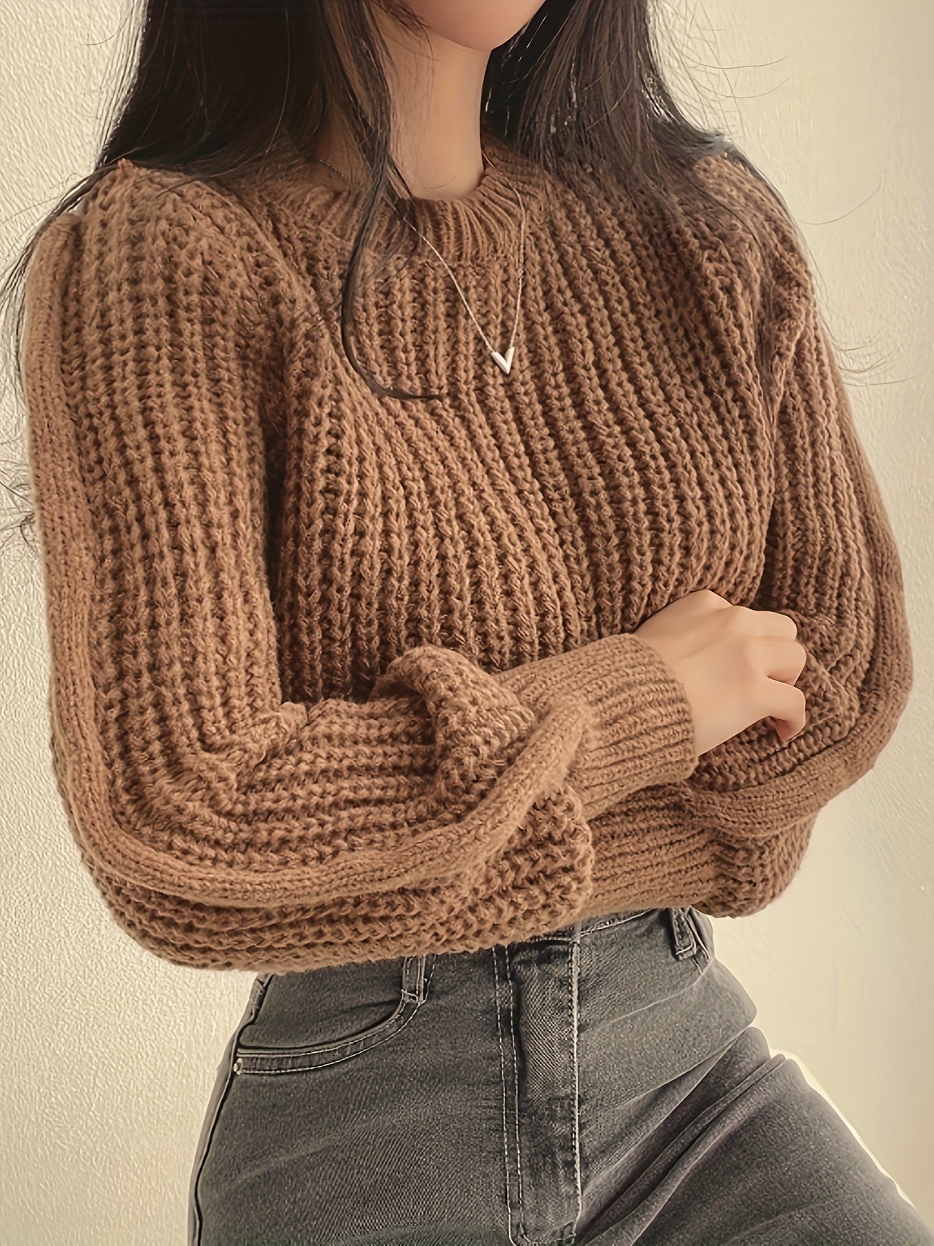 Cozy Crew Neck Crop Sweater - Women's Casual Long Sleeve Knitwear for Fall & Winter - Soft, Warm, and Comfortable Clothing for Everyday Wear