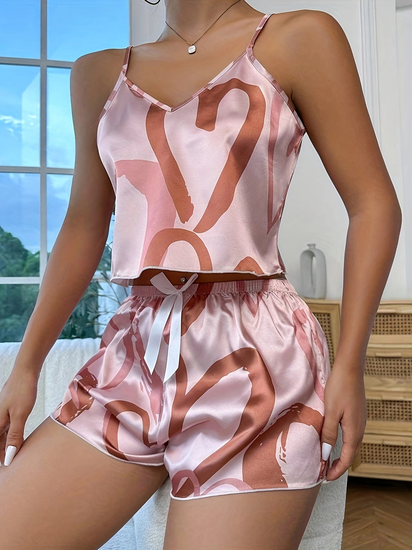 Women's Heart Print Sexy Satin Pajama Set, V Neck Backless Crop Cami Top & Shorts, Comfortable Relaxed Fit