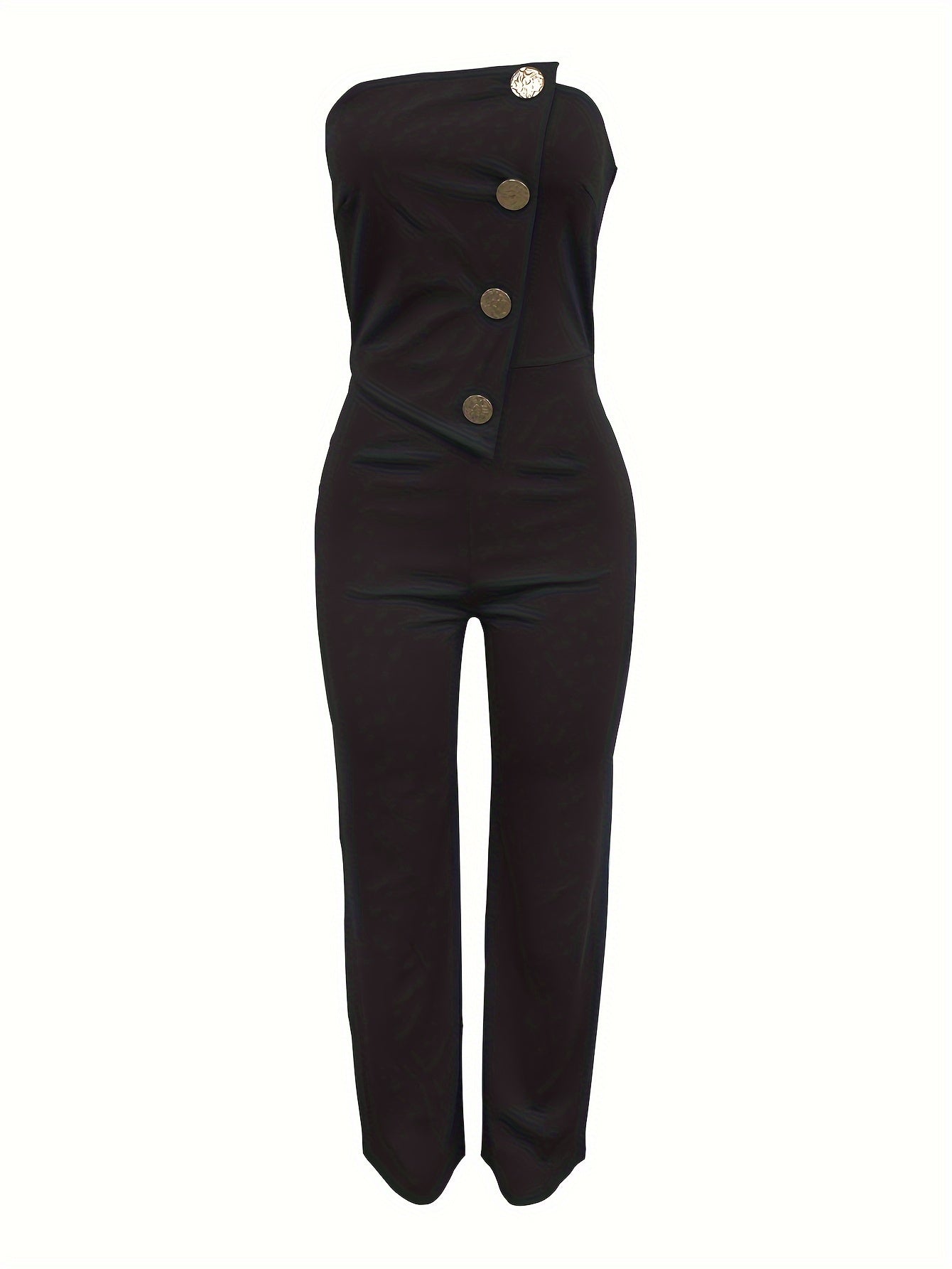 Elegant Women's Sleeveless Button Jumpsuit - Chic One-Shoulder Design, Flared Leg Pants, Polyester Blend, Machine Washable, Perfect for Spring/Summer