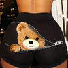 Teddy Bear Print Skinny Shorts, Casual Elastic High Waist Shorts For Spring & Summer, Women's Clothing