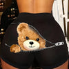 Teddy Bear Print Skinny Shorts, Casual Elastic High Waist Shorts For Spring & Summer, Women's Clothing