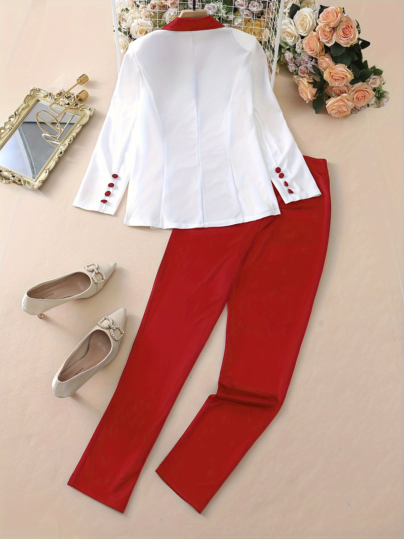 two-piece Color Block Blazer & Straight Leg Pant Set for Women, Casual Button-Front Blazer & Pants Outfit