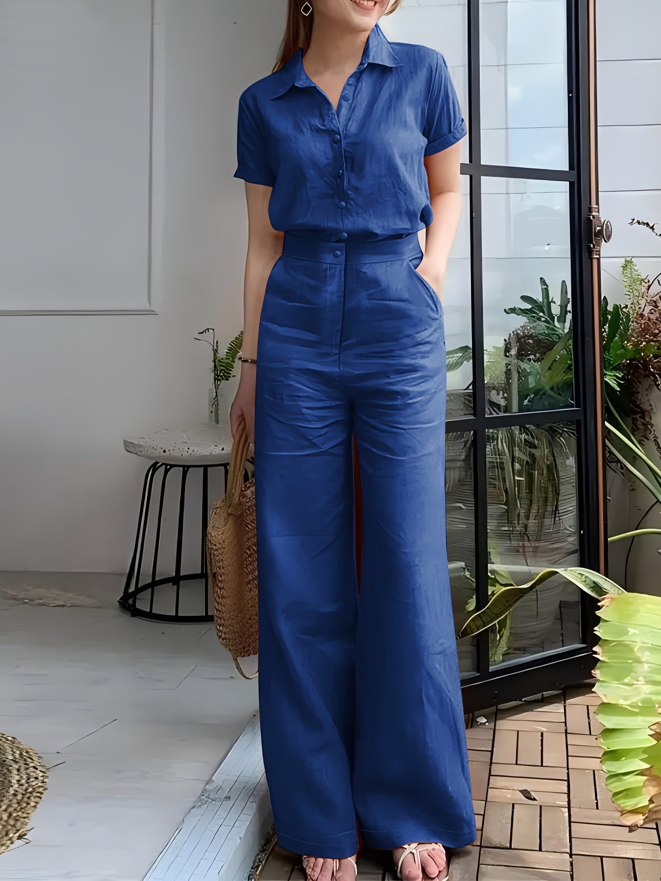 Women'S Solid Color Short Sleeve Shirt and Long Pants Elegant Two-Piece Set