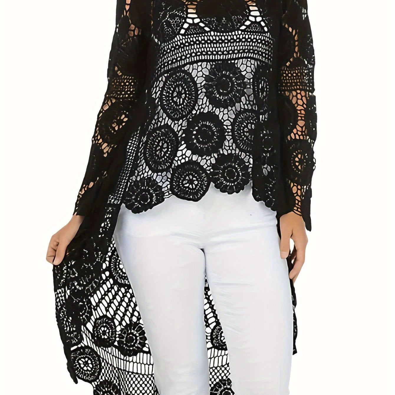 Women's Elegant Crochet Floral Pattern Cover-Up, Bohemian Style Long Sleeve Round Neck High-Low Hem Beach Tunic, Swimwear And Resort Wear For Women