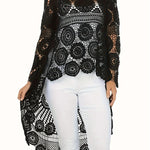 Women's Elegant Crochet Floral Pattern Cover-Up, Bohemian Style Long Sleeve Round Neck High-Low Hem Beach Tunic, Swimwear And Resort Wear For Women