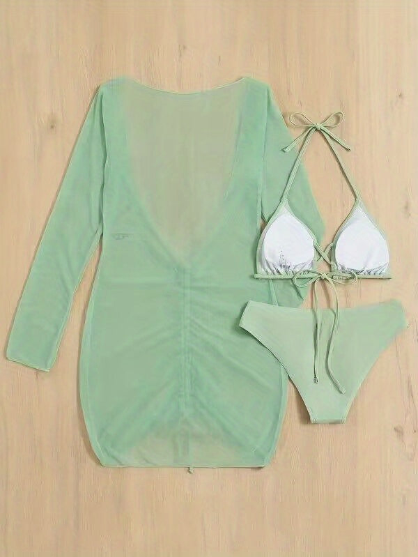 3-Pieces Green Bikini Sets, Halter Neck High Cut With Drawstring Long Sleeves Cover Up Dress Swimsuit, Women's Swimwear & Clothing Triangle Top