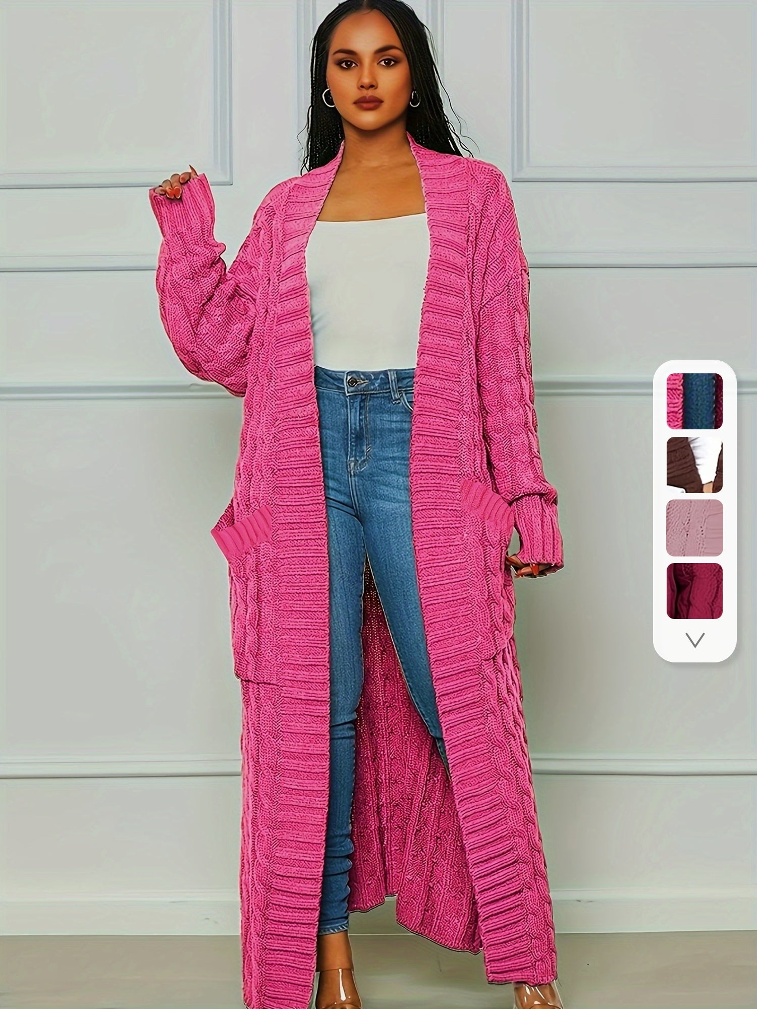 Long Length Cable Knit Cardigan, Elegant Solid Long Sleeve Sweater With Pockets, Women's Clothing