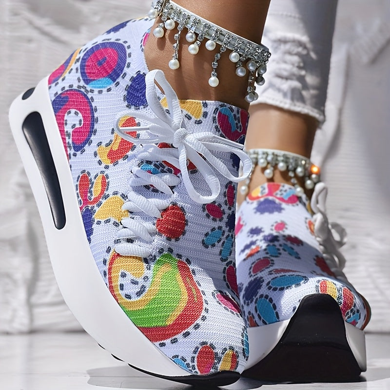 Abstract Print Side Lace-up Casual Wedge Sneakers - Without Anklet