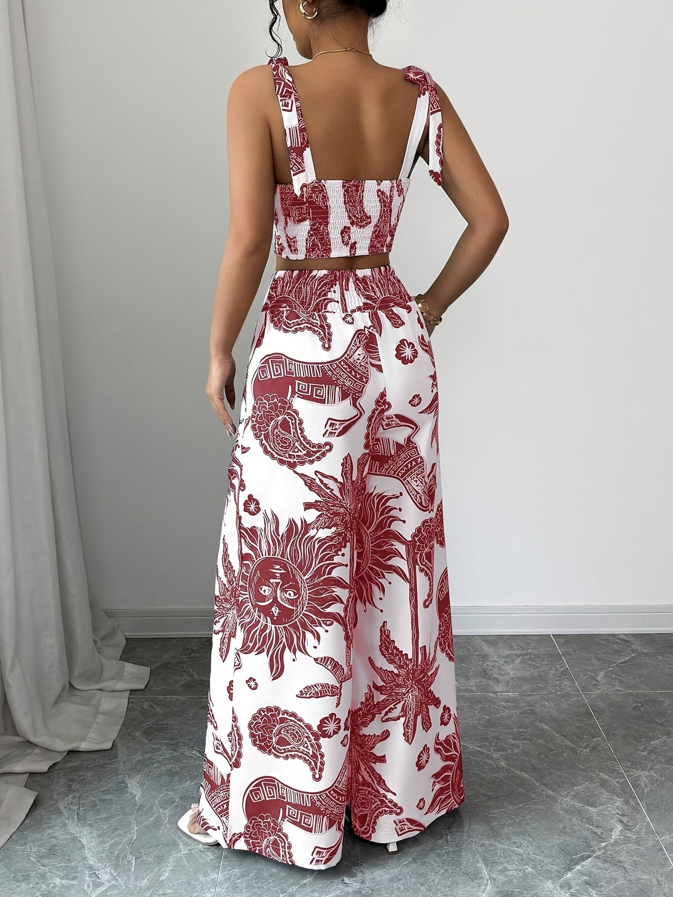 2pcs Bohemian Style Blue and White Floral Print Crop Top with Strapless Detail and Wide-Leg Pants, Perfect for Vacation or Casual Attire, Polyester, Spring/Summer Collection