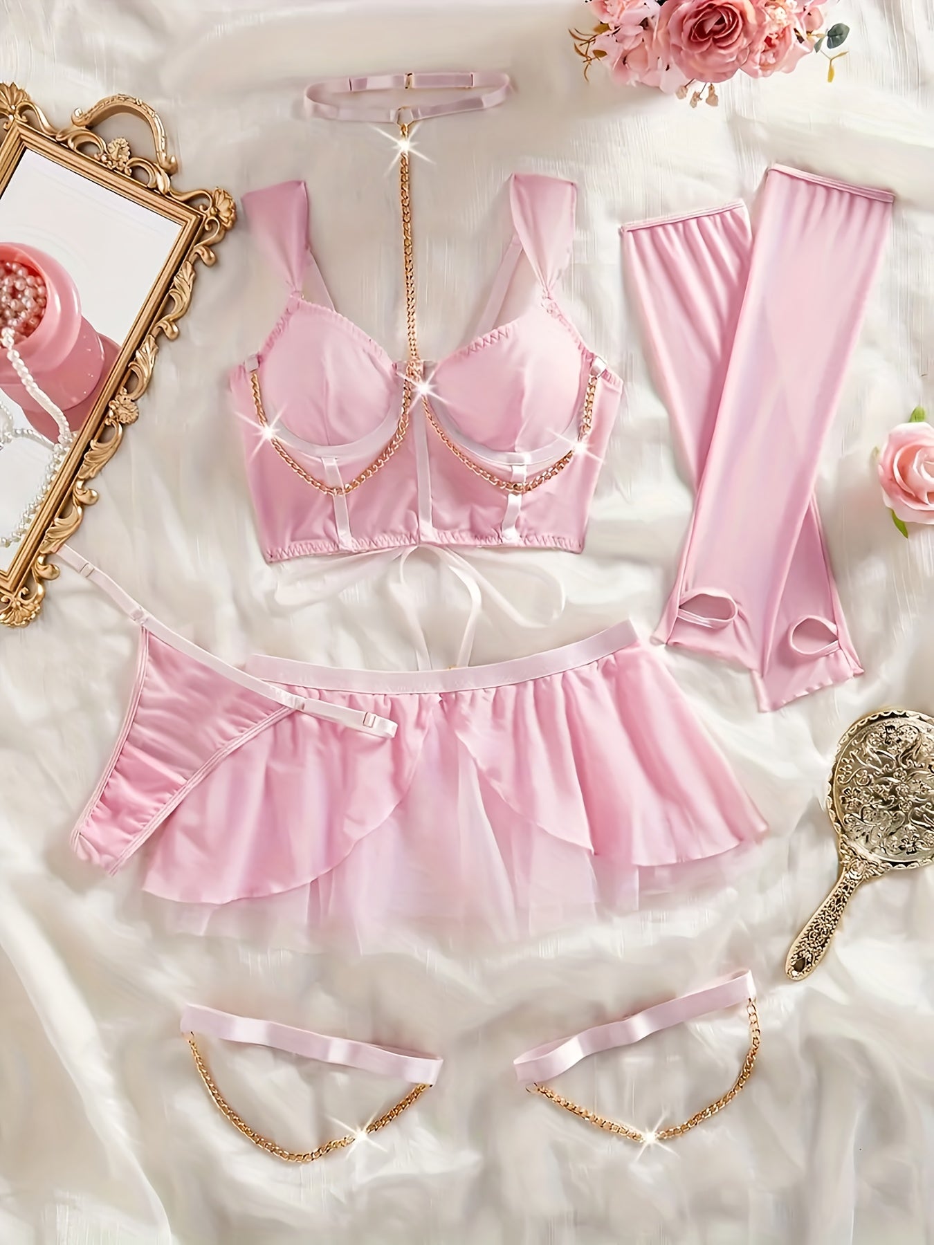 Hot Fashion Design Lingerie Set, Chain Tie Neck Tight Corset&skirt&sleeves&thong And Leg Rings, Women's Sexy Lingerie And Underwear
