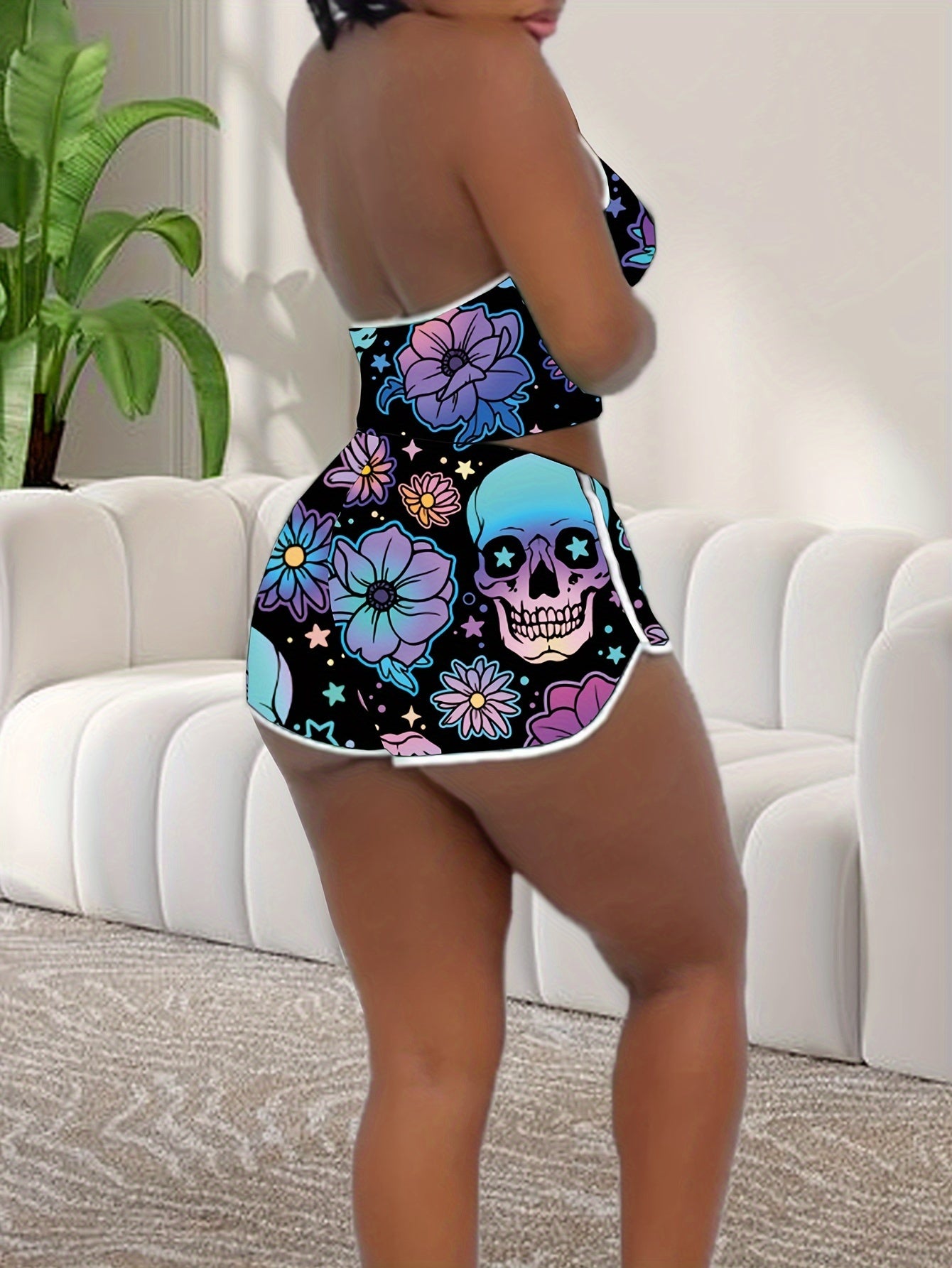 Sexy Solid Binding Lounge Set, Halter Neck Backless Crop Cami Top & Elastic Shorts - Women's Loungewear & Sleepwear - For Women - Perfect for Relaxing at Home - Ideal Gift for Her