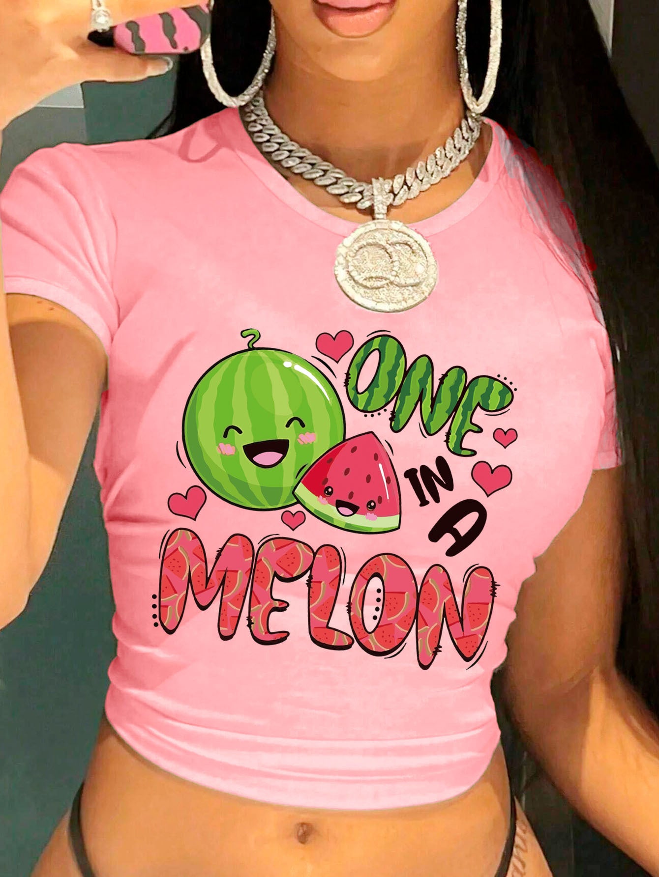 Women's Y2K Graphic Print Cropped T-Shirt - "ONE IN A MELON" Watermelon & Hearts Design, Light Grey Short Sleeve Crop Top, Machine Washable Casual Summer Tee, Tiktok Style Clothing | Crop Top Style | Nontransparent Fabric, Cu