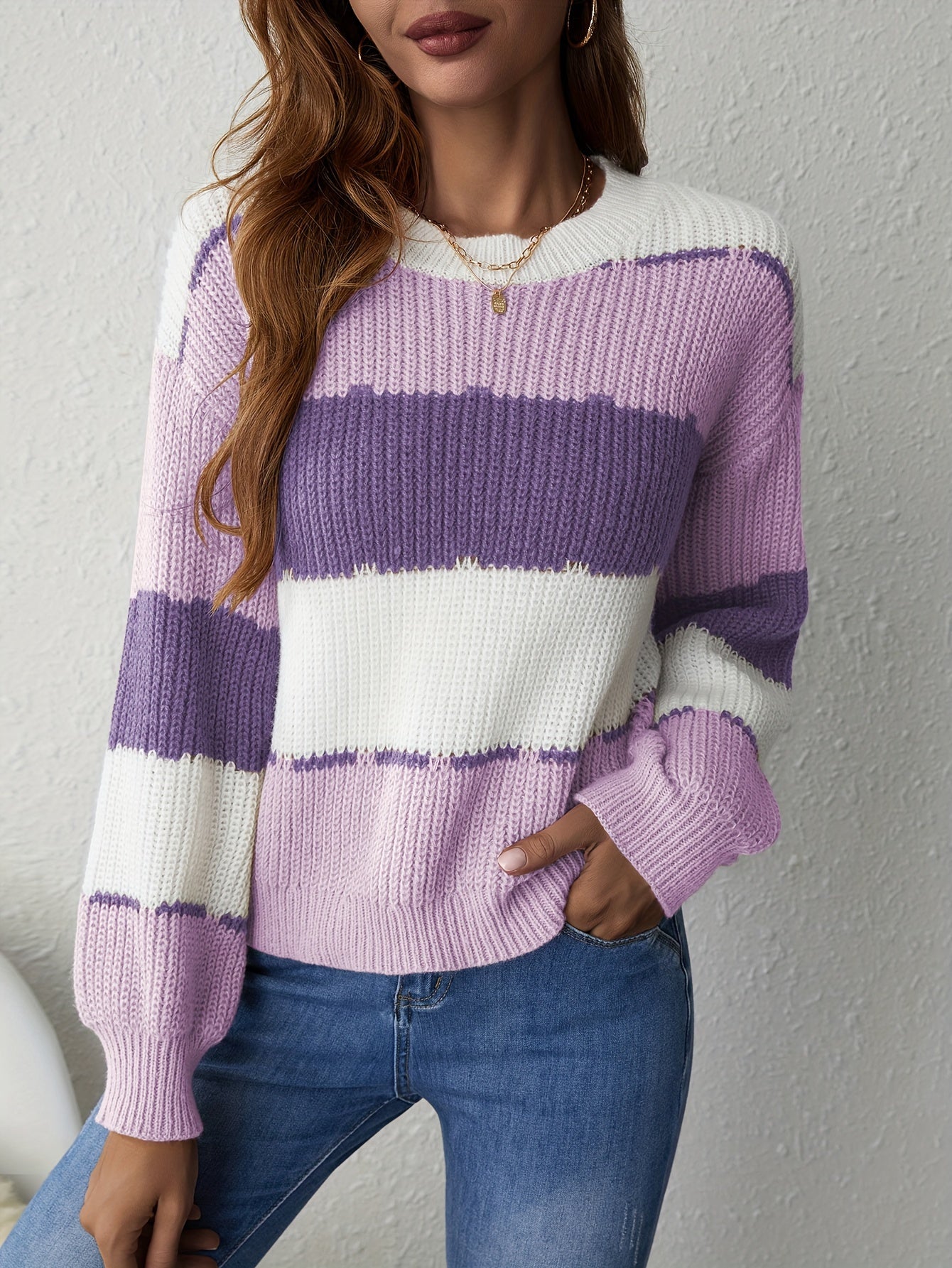 Elegant Color Block Knit Sweater – Women’s Long Sleeve Crew Neck Pullover, Soft Micro-Stretch Polyester, Stylish Patchwork Design for Fall & Winter