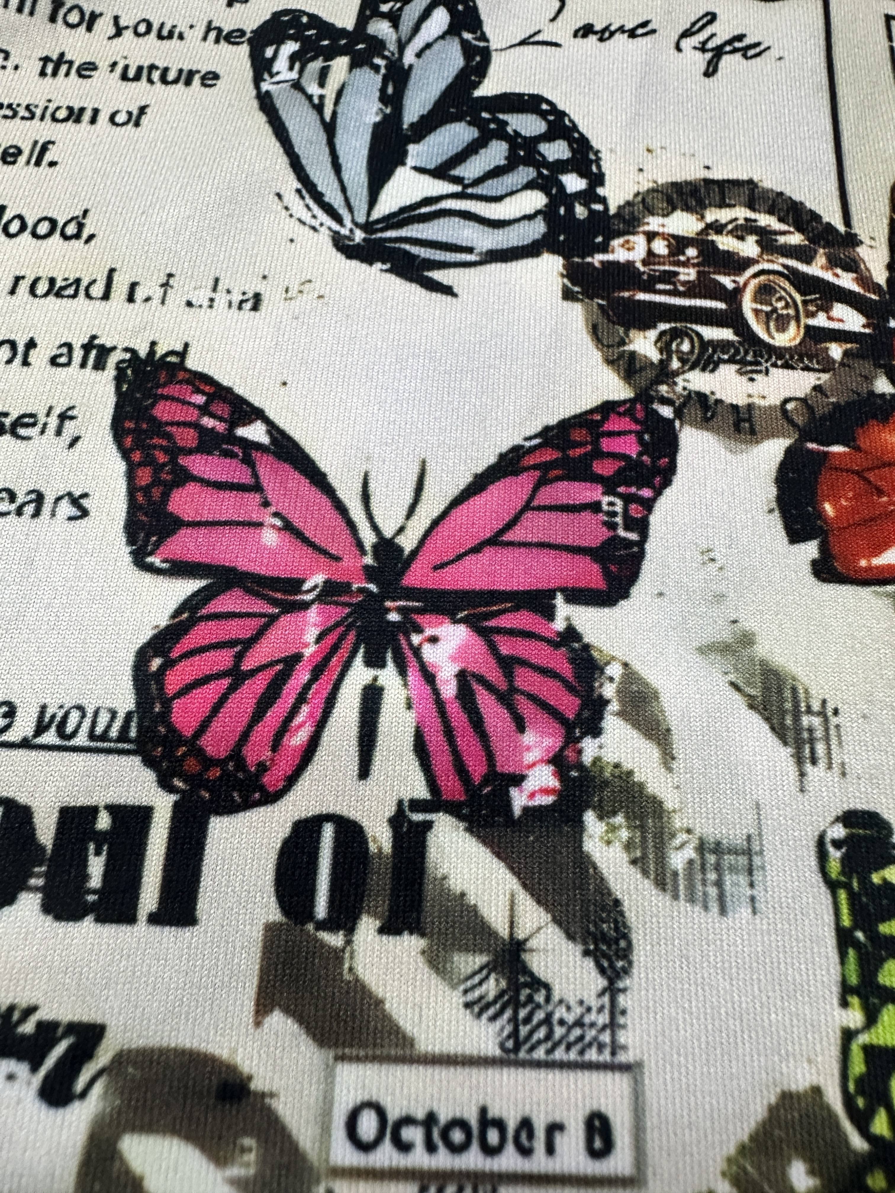 Young Crew Neck Butterfly Print Knit Fabric Polyester Top, 200g/m², for Spring/Summer