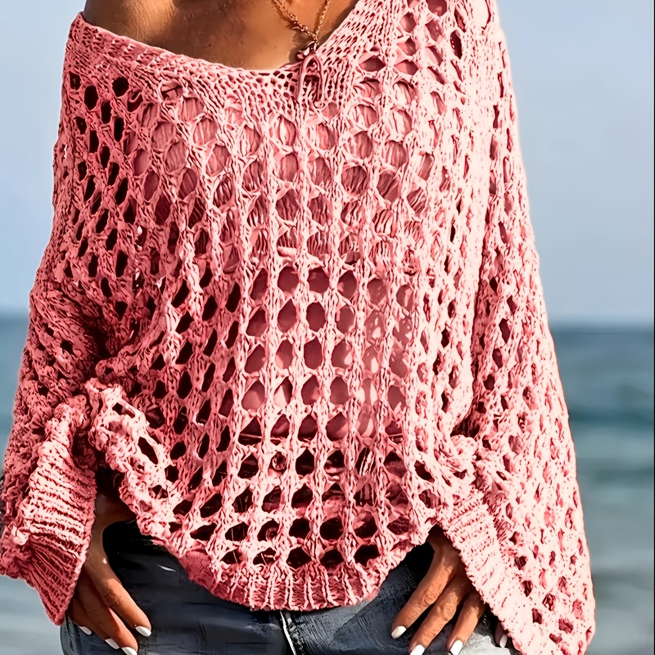 [Beach-Ready] Women's Crochet Knit Top | Long Sleeve | Polyester | Breathable | Casual | Spring & Summer