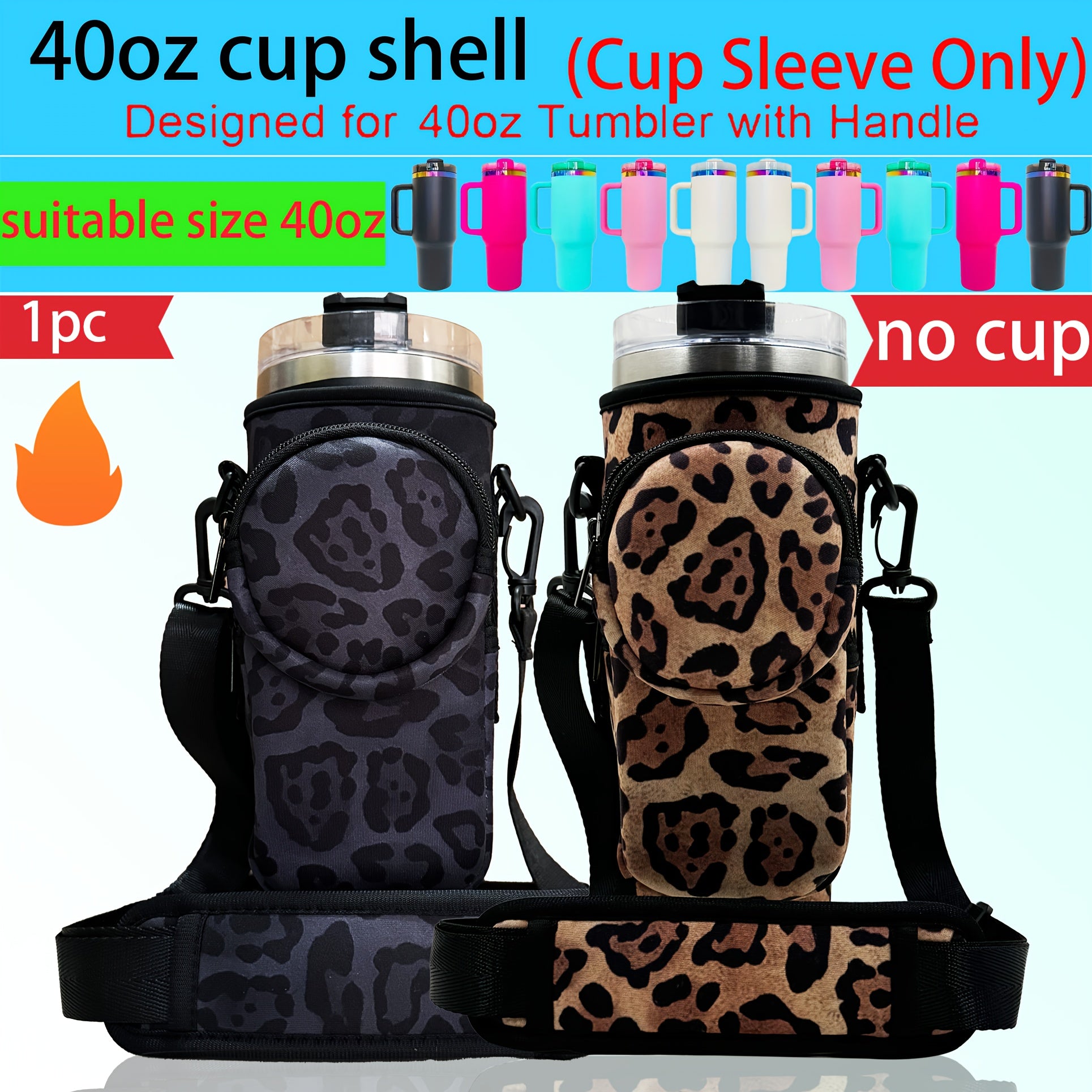 1pc Neoprene Sports Water Bottle Sleeve with Adjustable Shoulder Strap and Pocket, Universal Fit for 40oz Tumblers, Outdoor Carrying Case with Leopard Print Design