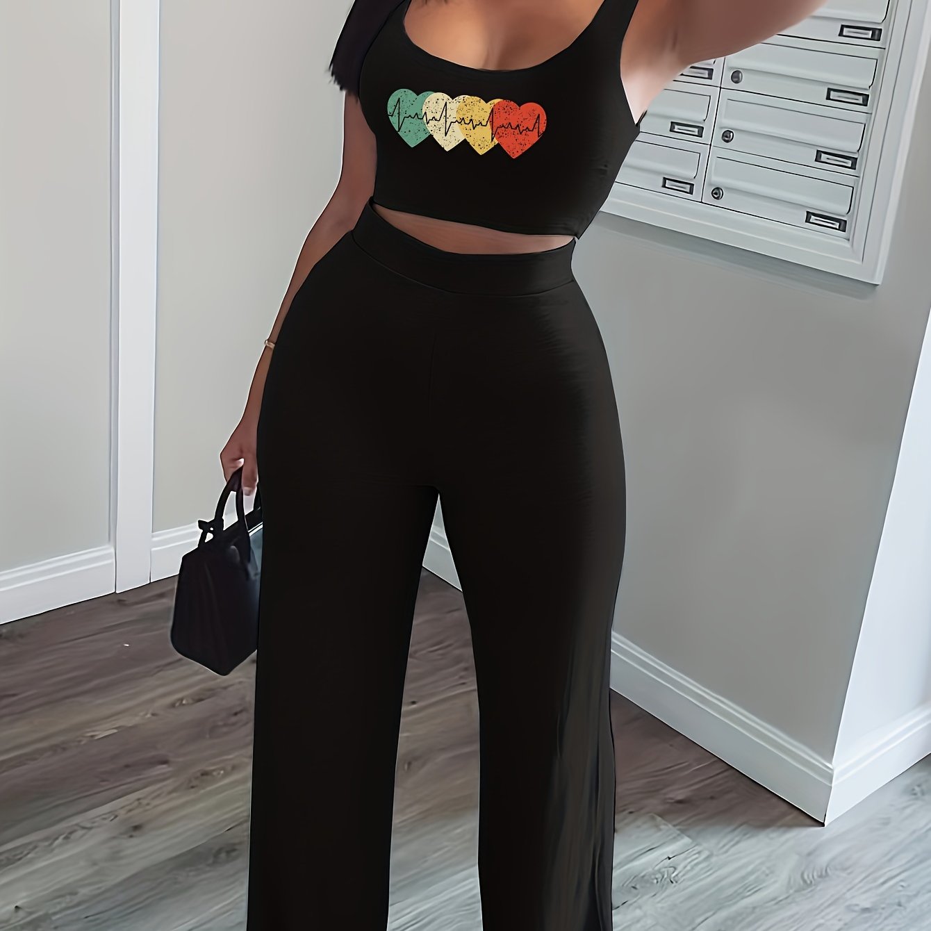 Chic Heart Pattern Casual Outfit for Women - Sleeveless Crop Top & High-Waist Pants Set, Stretchy Polyester Blend, Machine Washable