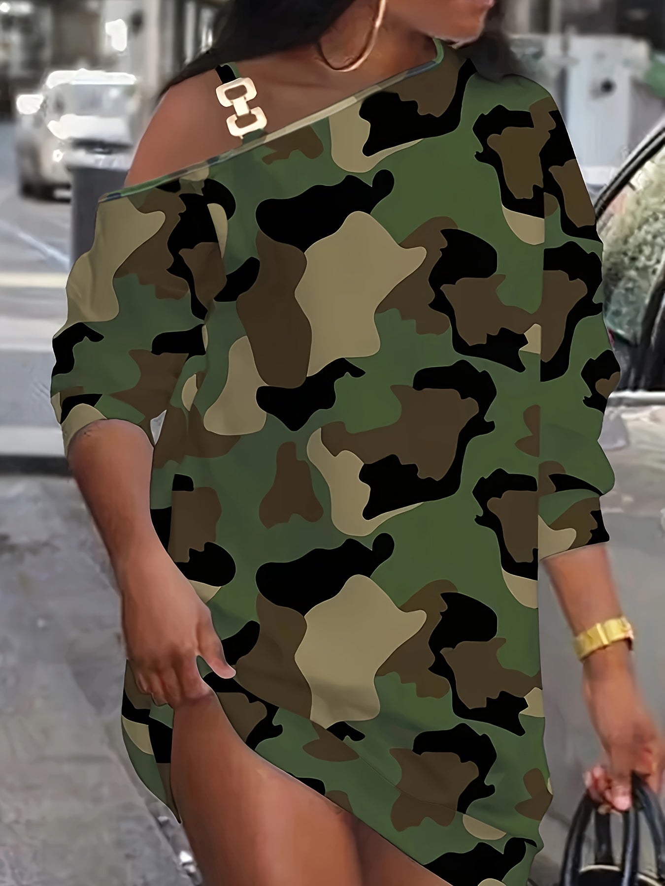 Plus Size Camo Print Chain Accent Dress - Fashionable Cold Shoulder Style - Comfortable Long Sleeves for Spring & Fall - Curvy Womens Clothing