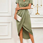 Women's Retro V-Neck Short Sleeve Dress - Solid Black Irregular Wrap Party & Streetwear Dress for Summer, Non-Stretch Fabric with Faux Buttons, Cocktail Attire, Casual Outfits, Short Party Dress, Smooth Texture Gown