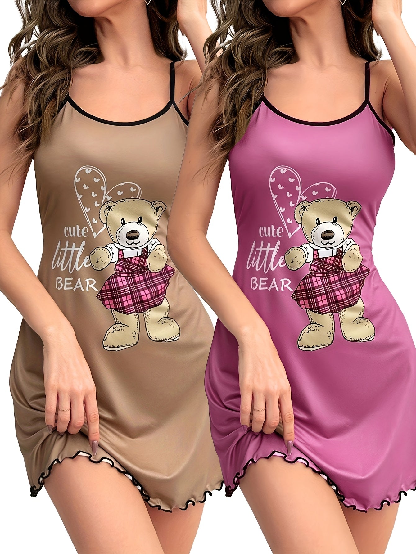 Two Pieces of Bear Print Pajamas, a Round-Neck Ruffled Edge Backless Camisole Dress, Women'S Sleepwear.