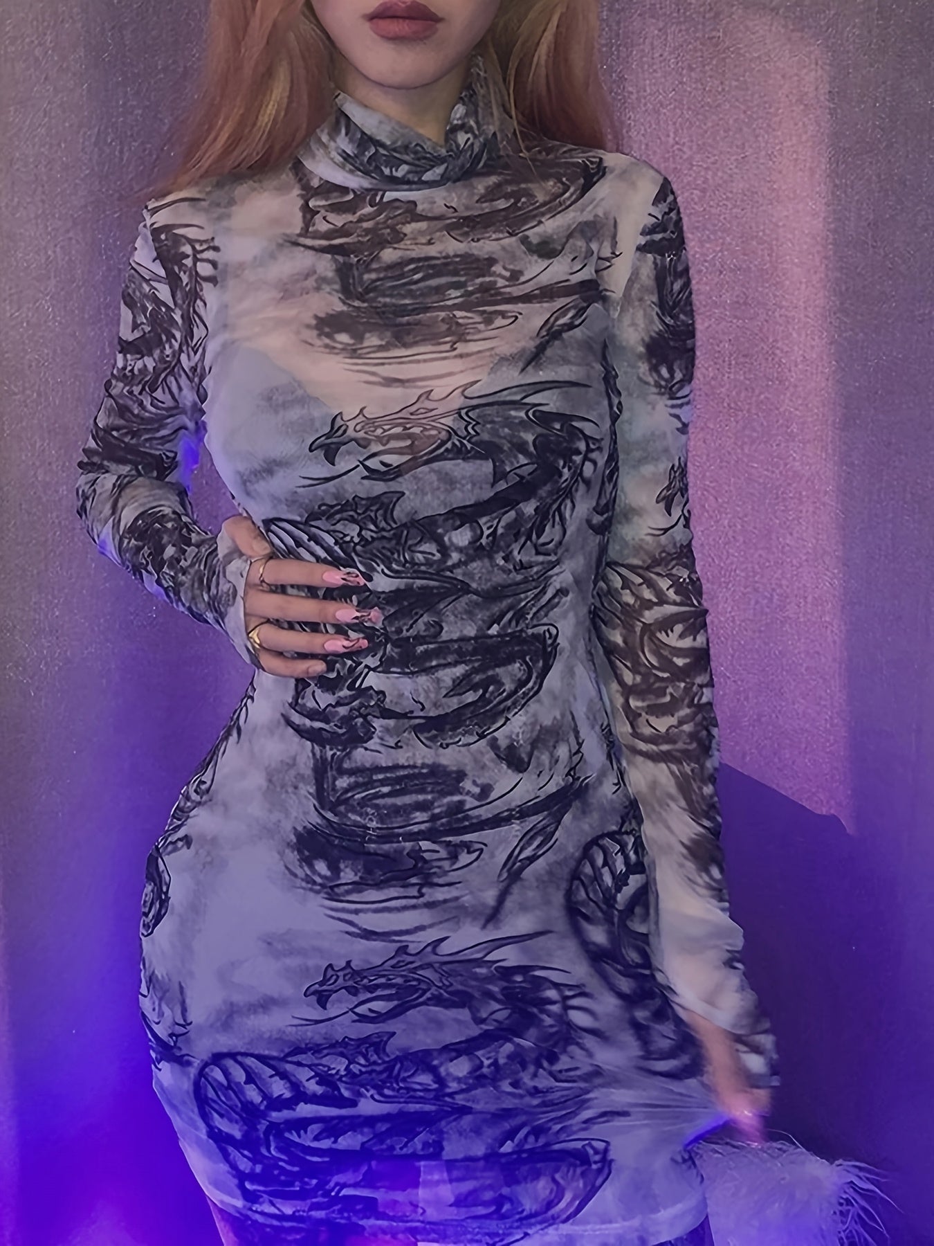 Y2K-Inspired High Neck Bodycon Dress for Women - Semi-Sheer, Abstract Print, Long Sleeve, Polyester Mini with Thigh-High Slit - Machine Washable