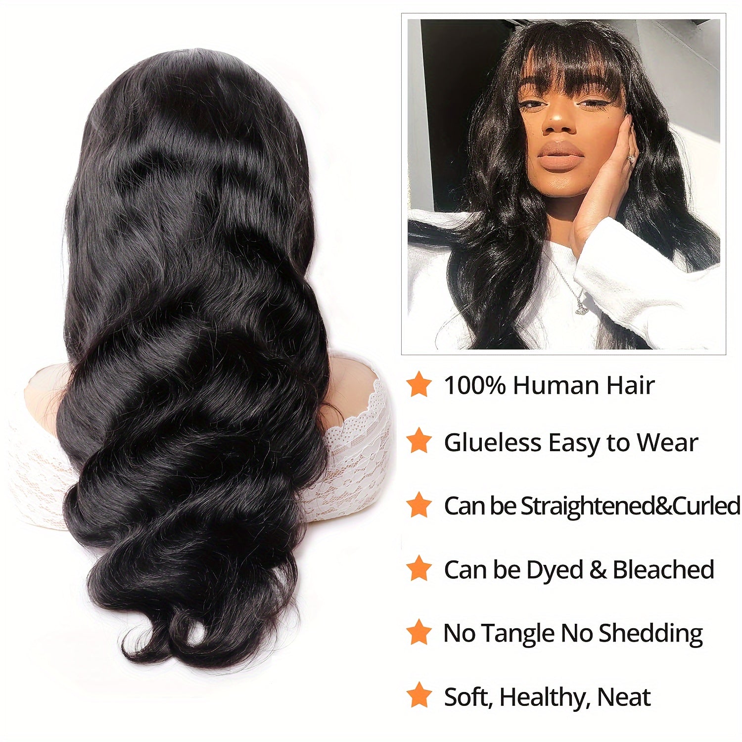 Body Wave Wigs with Bangs 100% Human Hair Wigs for Women None Lace Front Wigs 200%Density Brazilian Virgin Hair Glueless Machine Made Wig Human Hair Wigs with Bangs Natural Color