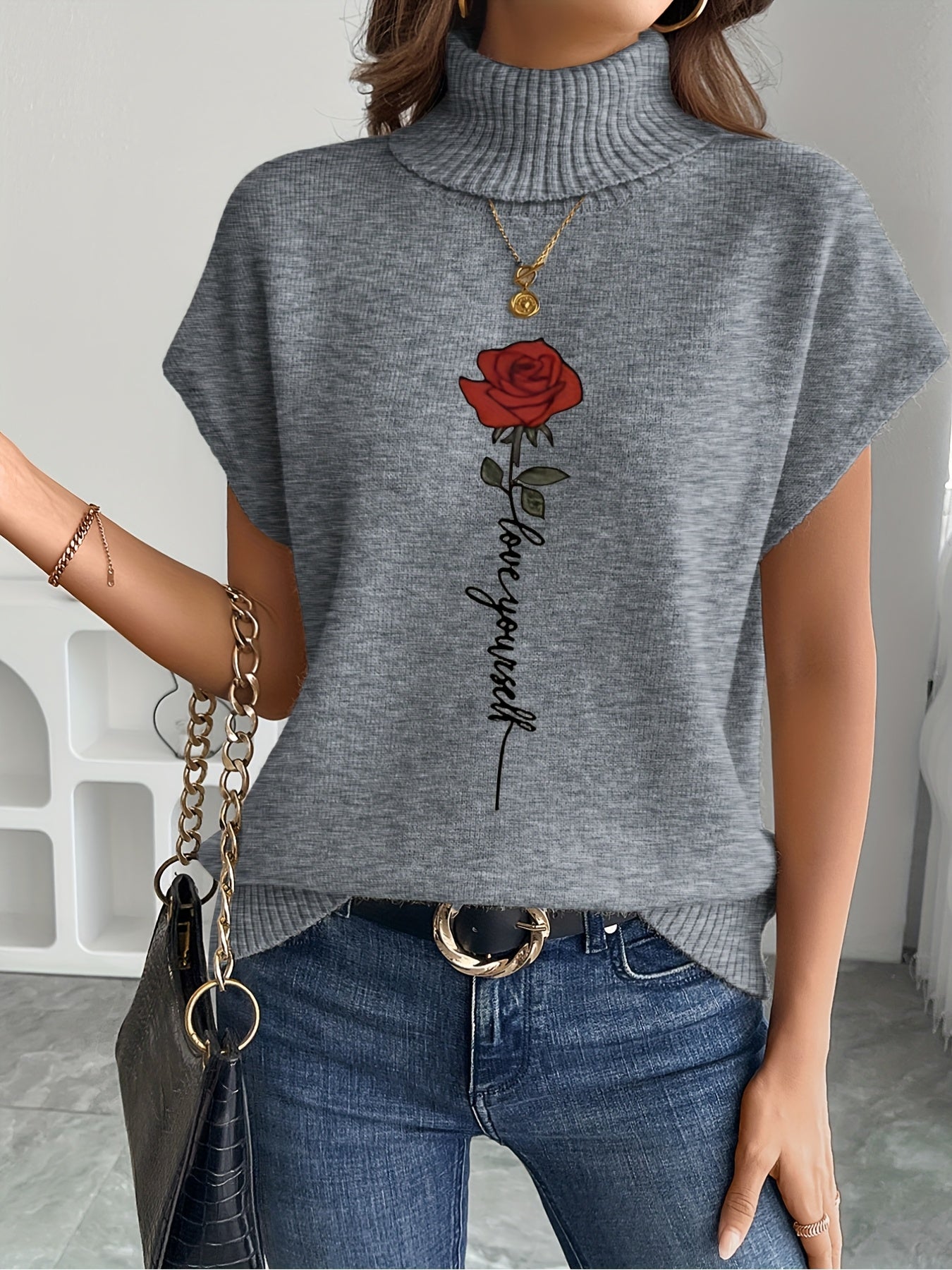 Women's Casual Rose Print Sleeveless Knit Vest - Elegant Beige Sweater with High Neckline and Stretchy Fabric, Perfect for Spring/Summer/Fall