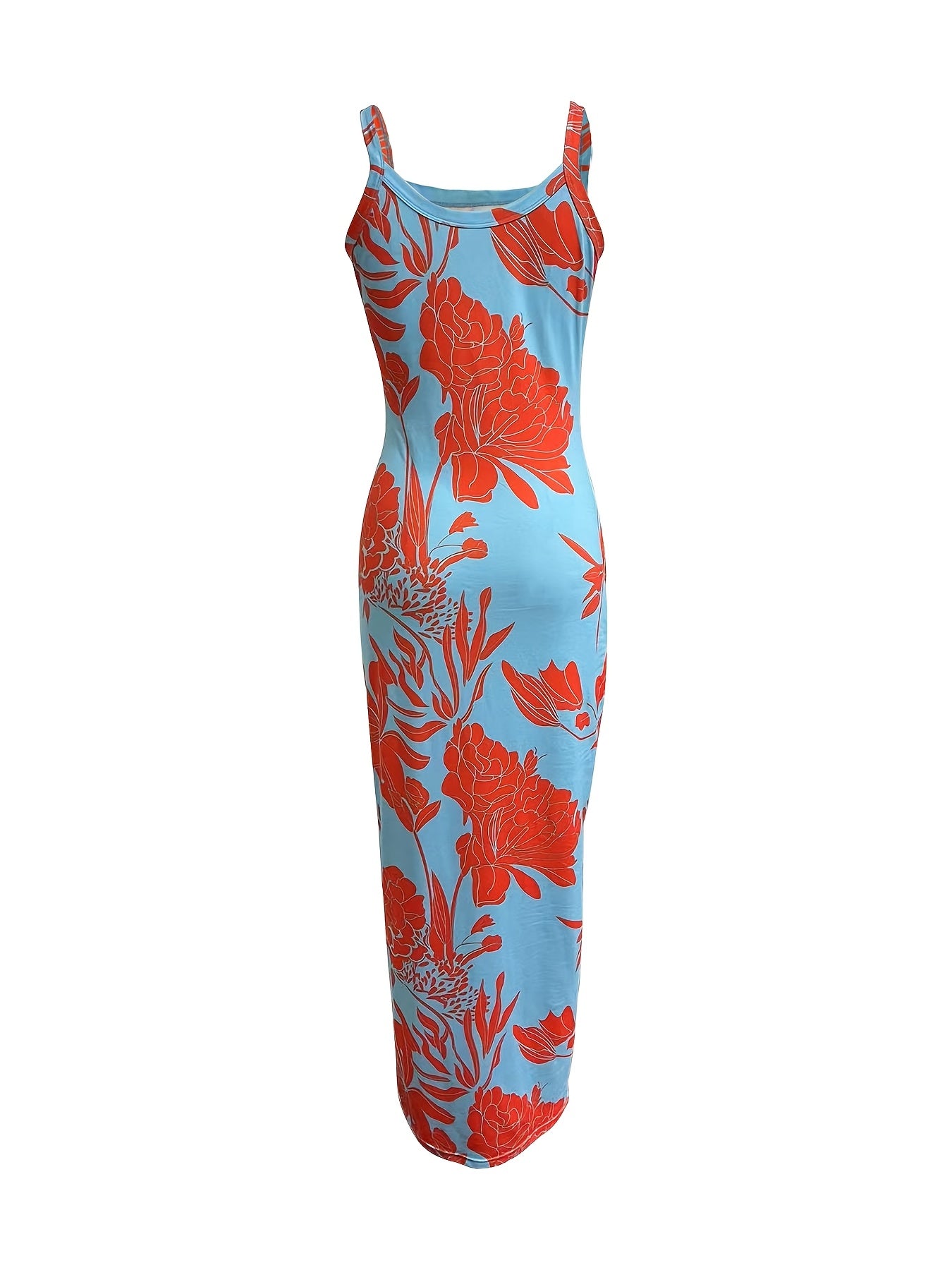 Elegant Floral Print Bodycon Maxi Dress, Polyester Knit Fabric, Crew Neck Sleeveless Long Dress for Women, All-Season, Halter Dress