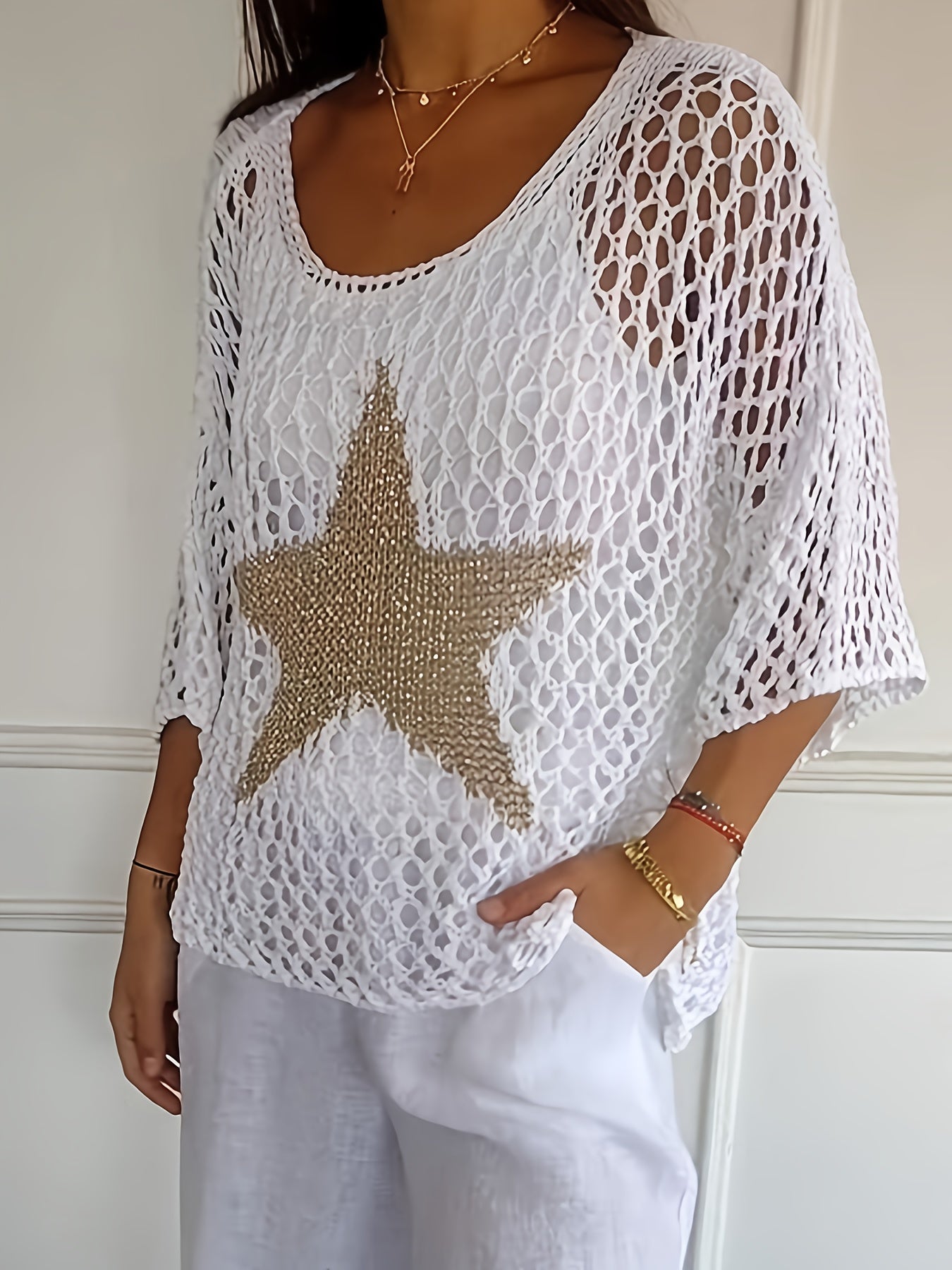 Women's Loose Hollow Star Cardigan Round Neck Shirt Summer Swim Cover-Up
