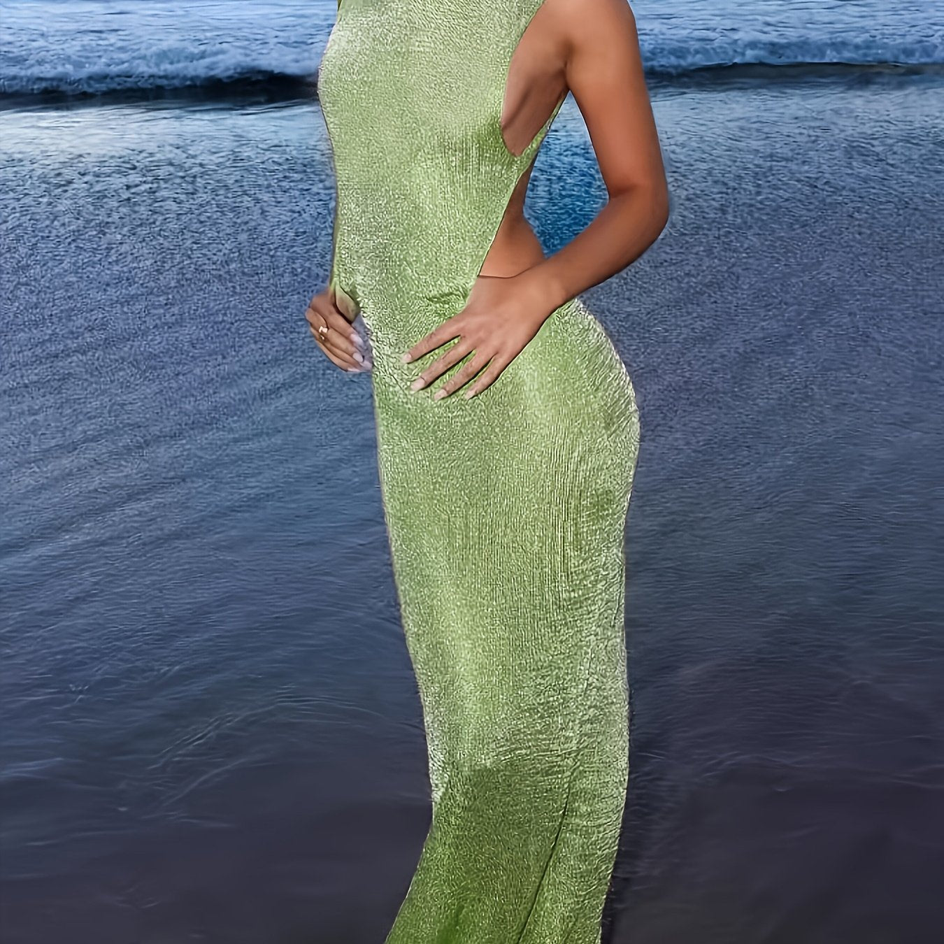Sleeveless Backless Split Thigh Maxi Dress - Sexy Beachwear for Women, High Stretch Elegant Bodycon Style, Perfect for Summer Outings and Romantic Getaways, Vacation Dress | Stylish Evening Wear | Textured Fabric