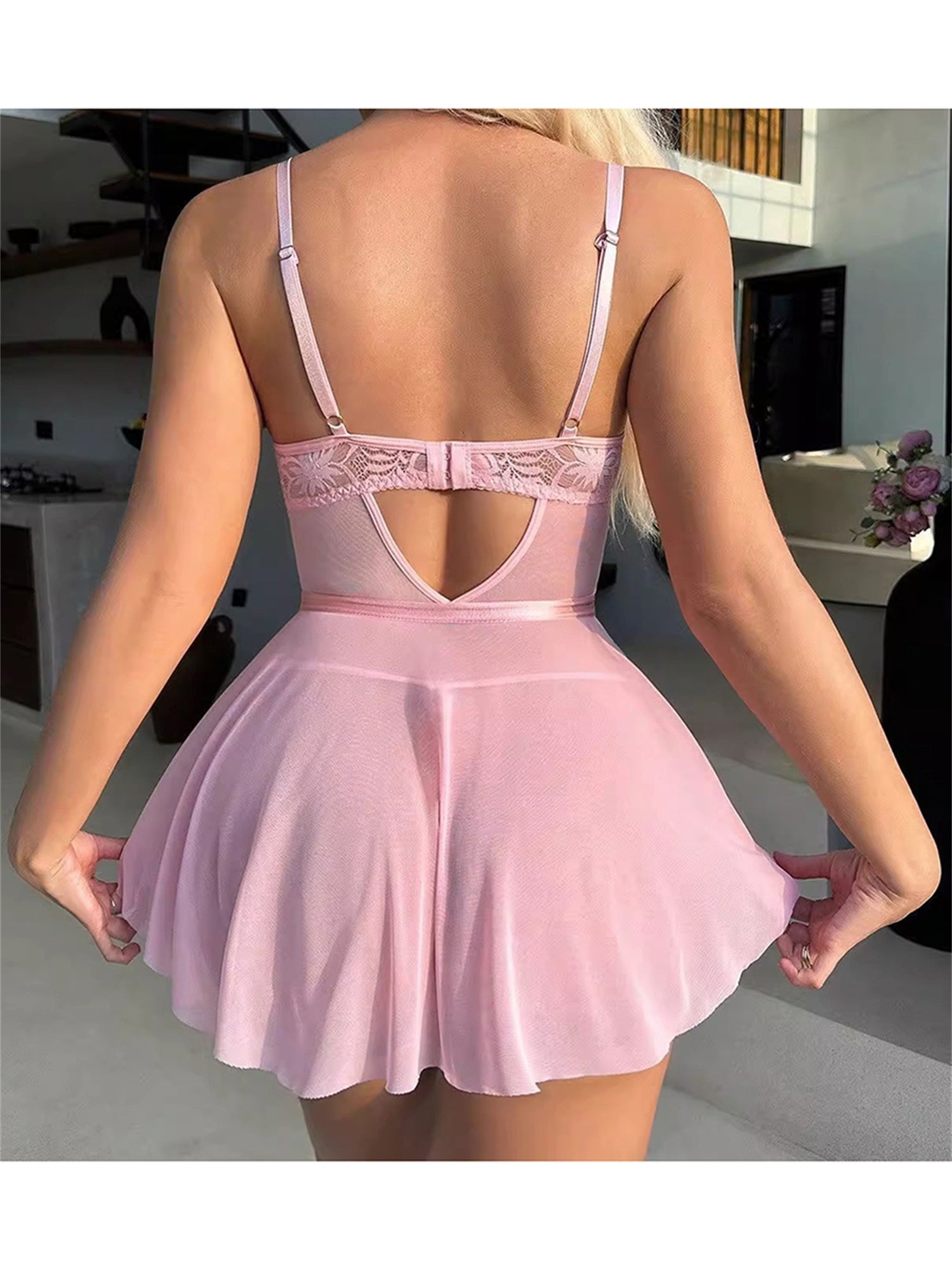 Women Lingerie Chemise Nightdress Lace See-Through Sleeveless Cami Dress Nightgown Sleepwear Slips Nightie with Thong