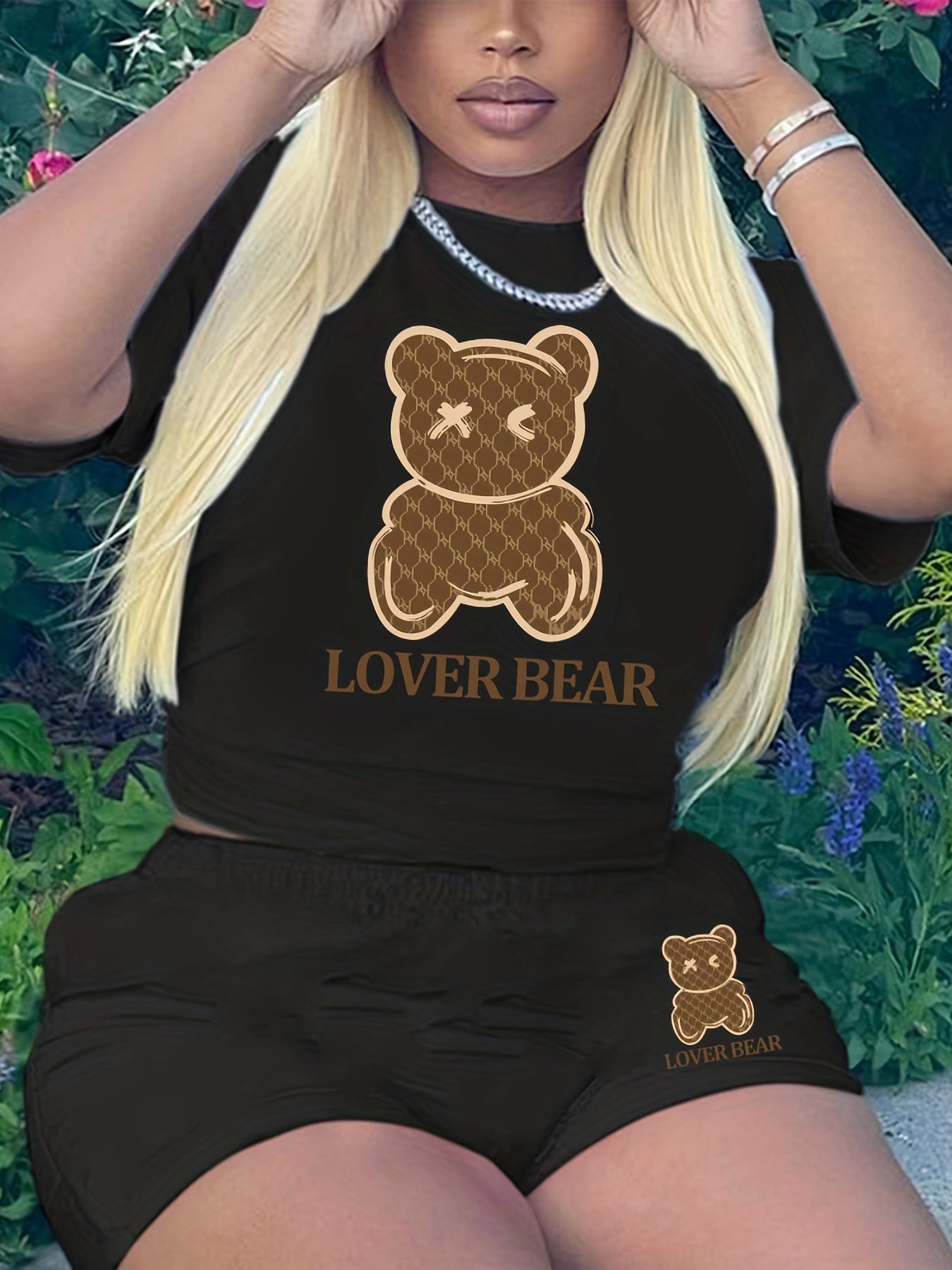 Two-piece Set, Cartoon Bear Print Crew Neck Short Sleeve T-shirt & Slim Shorts Outfits, Women's Casual Clothing