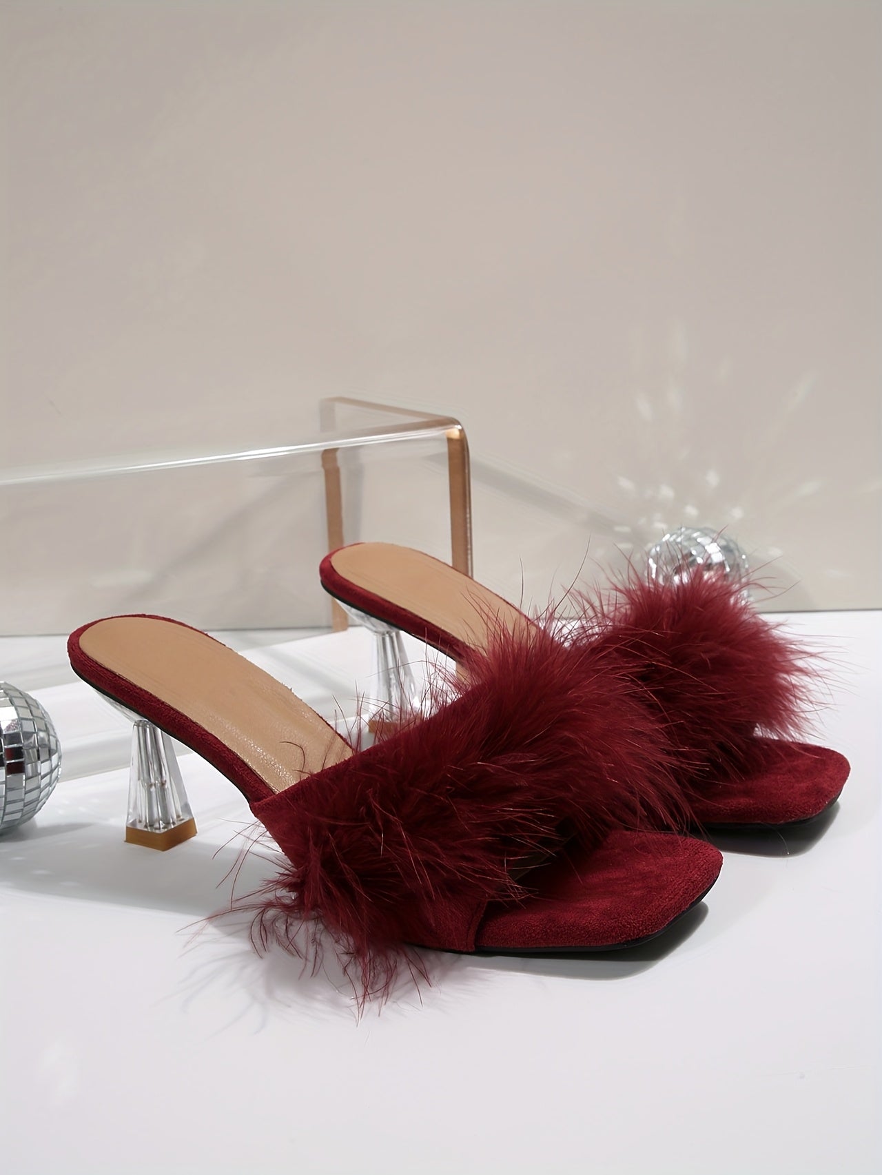 Exquisite Open - Toe High - Heel Slingbacks - Burgundy Furry Upper with Shiny Heels