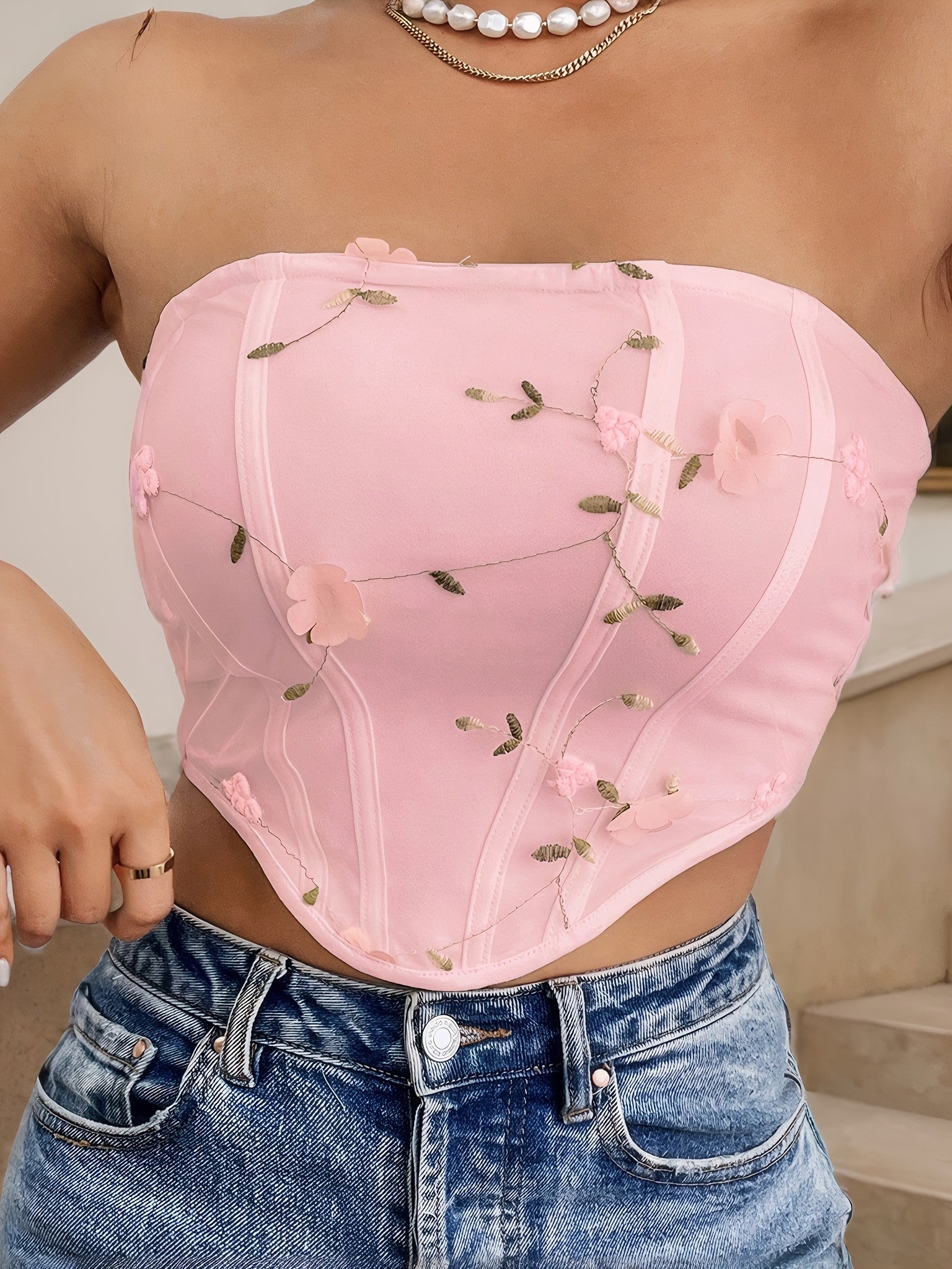 Chic Pink Floral Tube Top - Women's Sexy Off-Shoulder Crop Vest, Semi-Sheer Nylon/Polyester Blend, Perfect for Summer Fashion