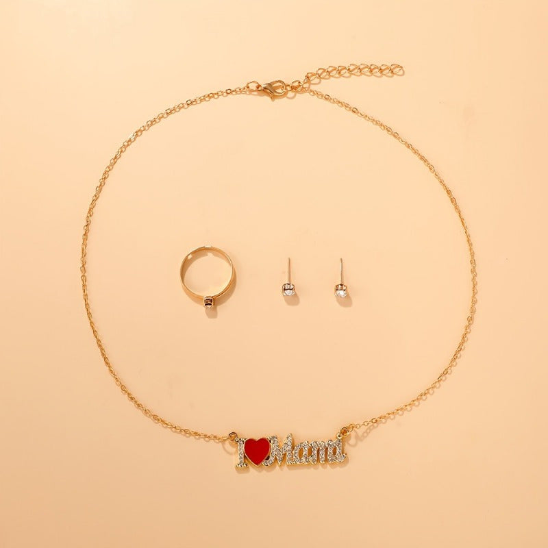 4pcs Bohemian style Women's jewelry set - "I Love Mom" pendant necklace, earrings, and ring combination, perfect for Mother's Day gifts, parties, Teacher's Day/ back to school/ graduation