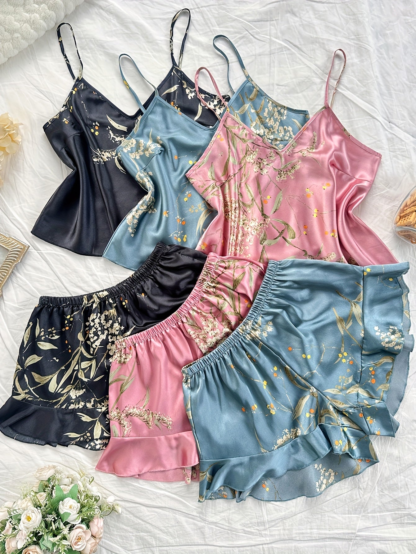 6pcs Women'S Pajama Set, Sexy V-Neck Cherry Print Camisole with Ruffle Shorts, All-Season Comfortable Polyester Sleepwear, 100% Polyester, 90g/m² Woven Fabric, Adult Nightwear